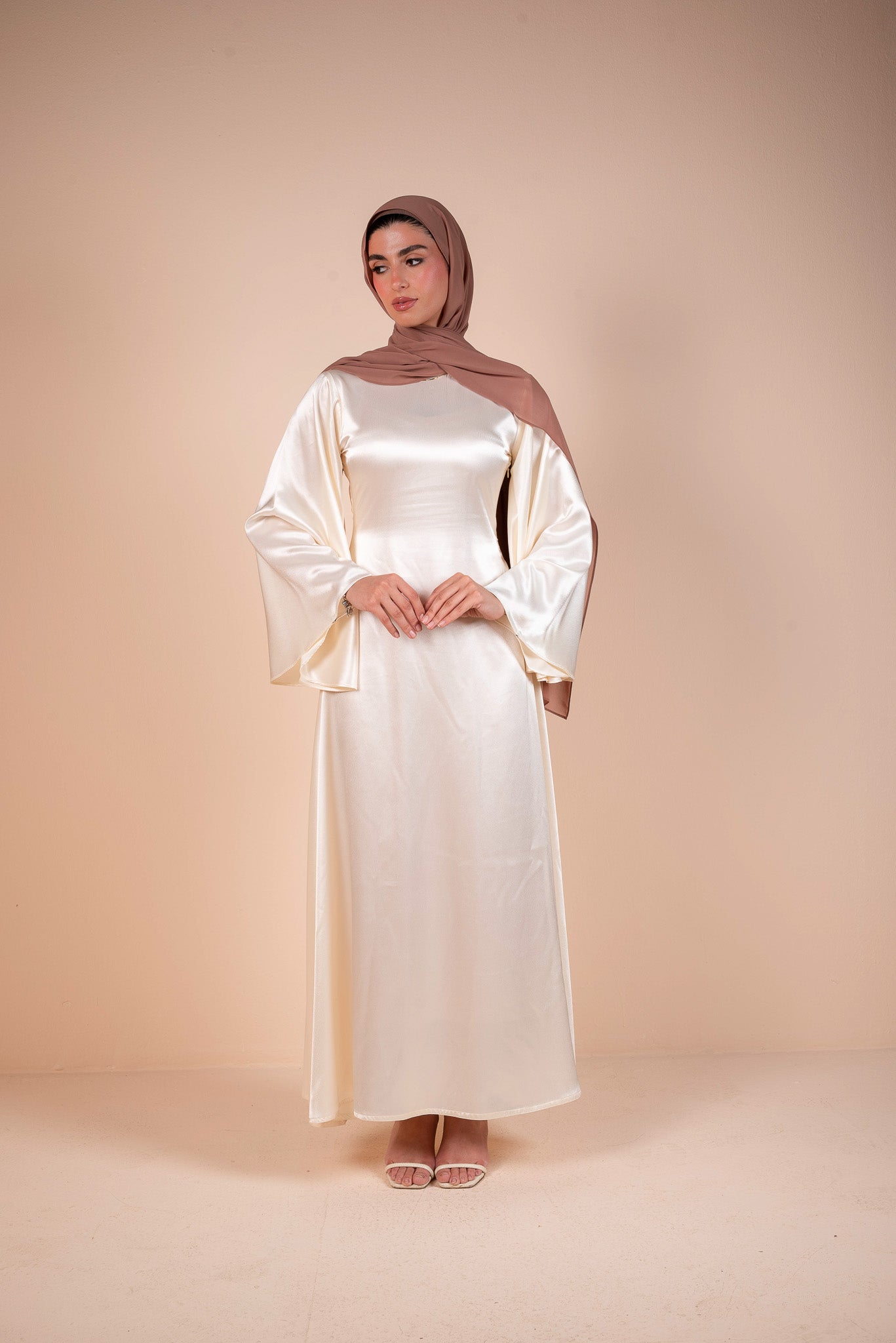 Ivory Satin Bell Sleeves Flow Dress