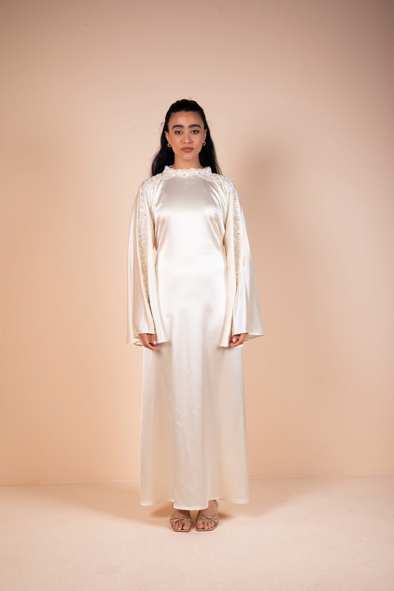 Ivory Cream Embellished Belted Satin Abaya