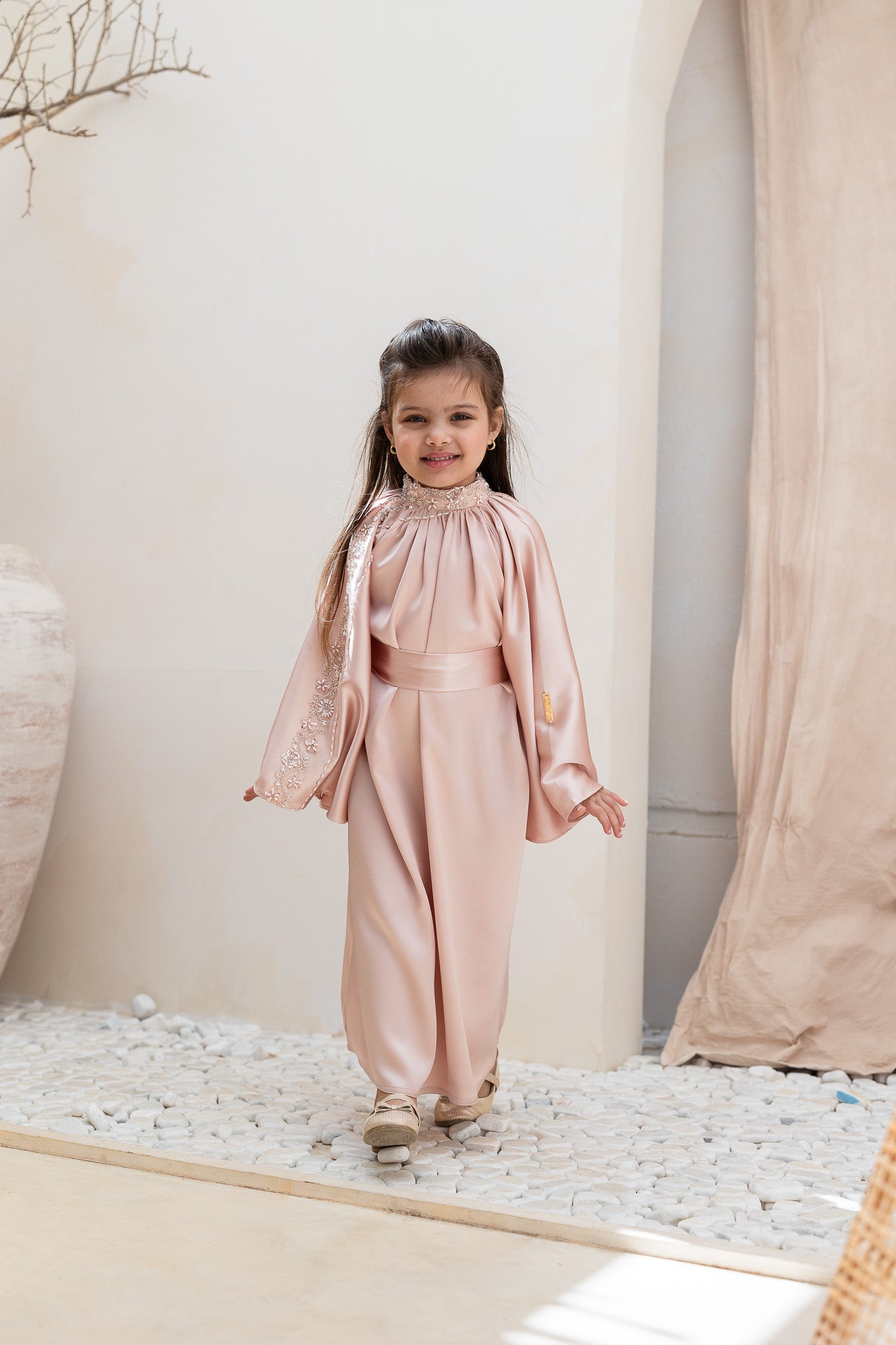 Blush Pink Embellished Satin Kids Abaya