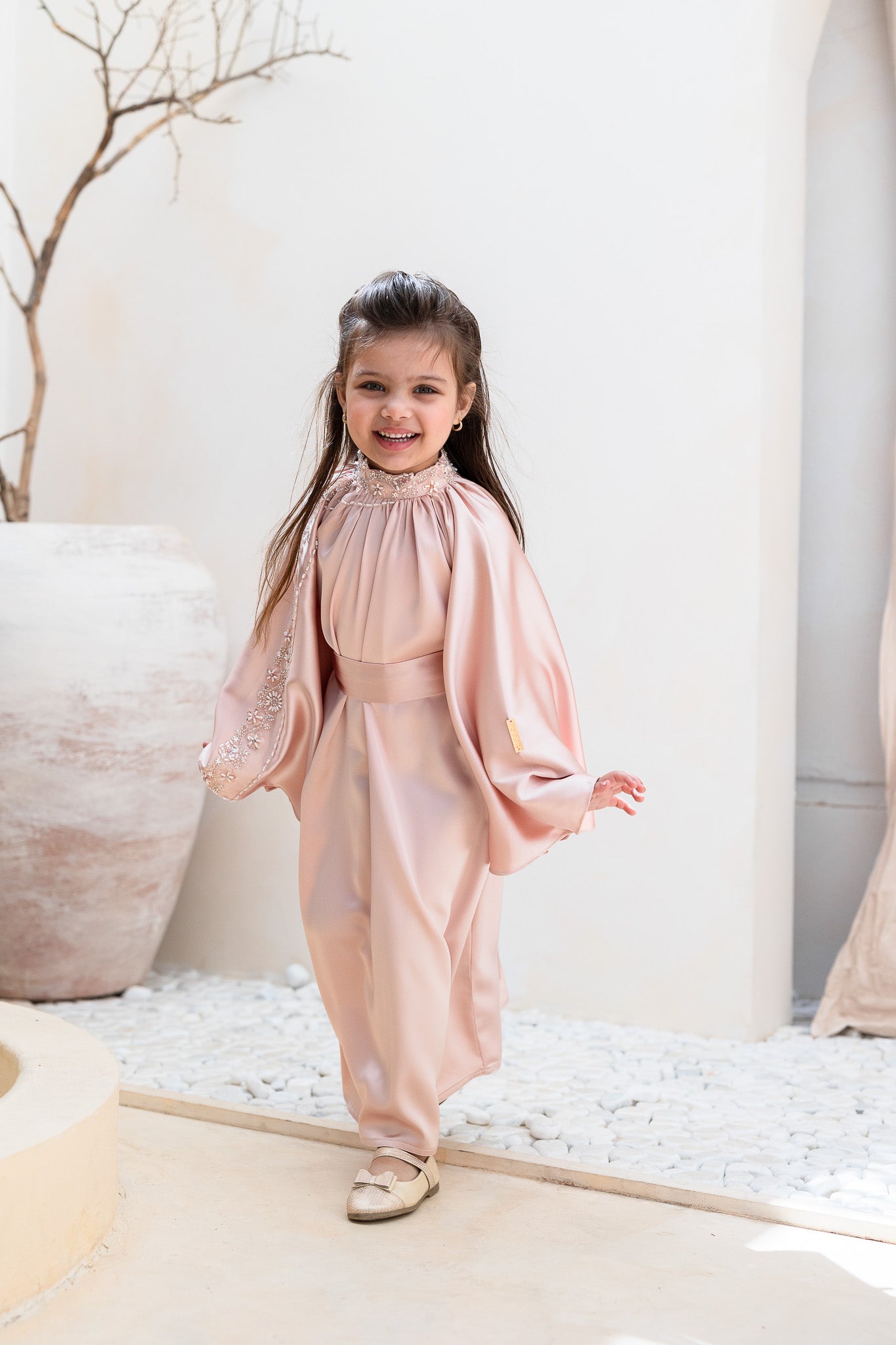 Blush Pink Embellished Satin Kids Abaya
