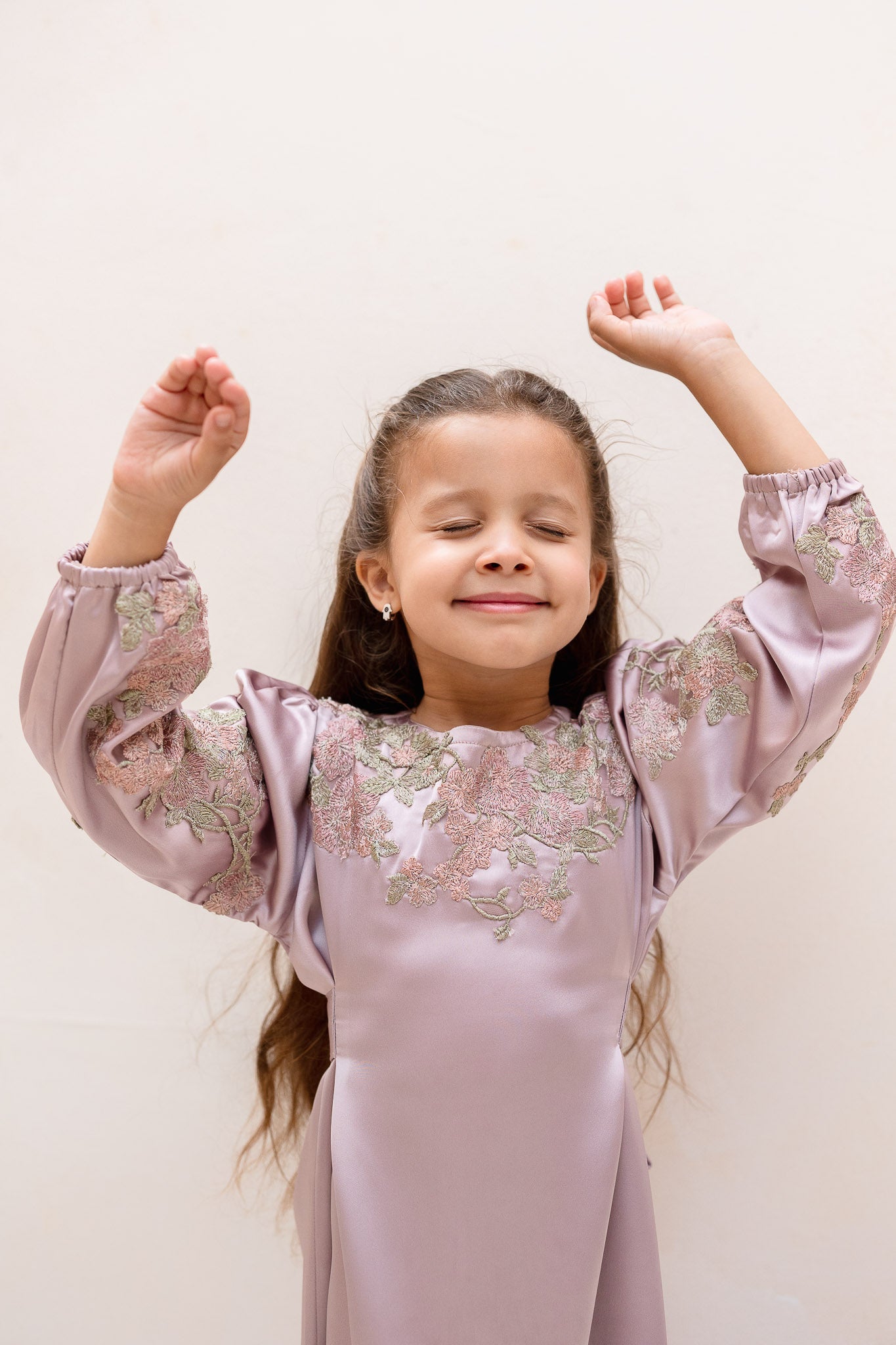 Deep Lilac Botanic Embroidered Belted Kids Abaya