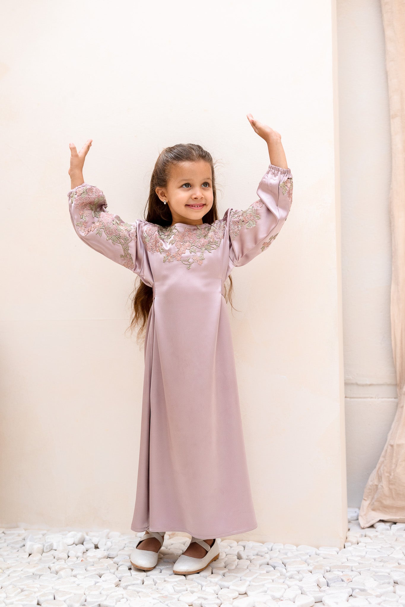Deep Lilac Botanic Embroidered Belted Kids Abaya