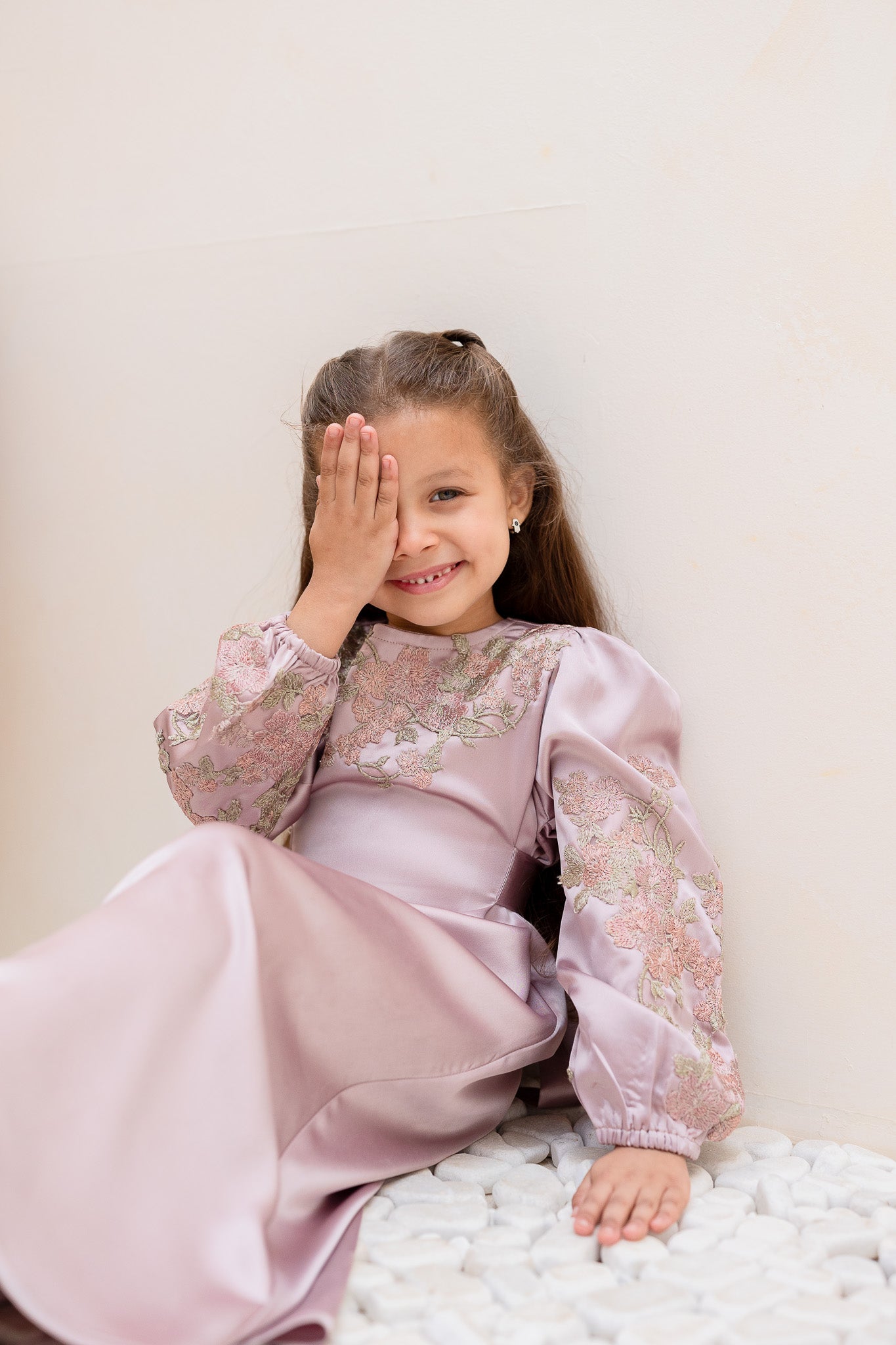 Deep Lilac Botanic Embroidered Belted Kids Abaya
