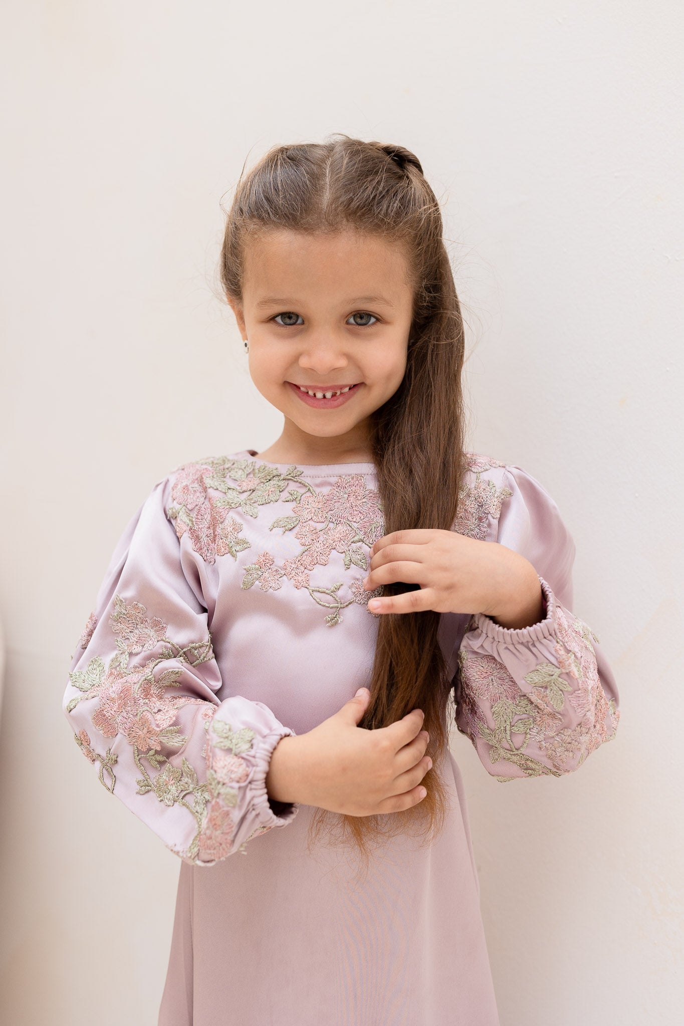 Deep Lilac Botanic Embroidered Belted Kids Abaya