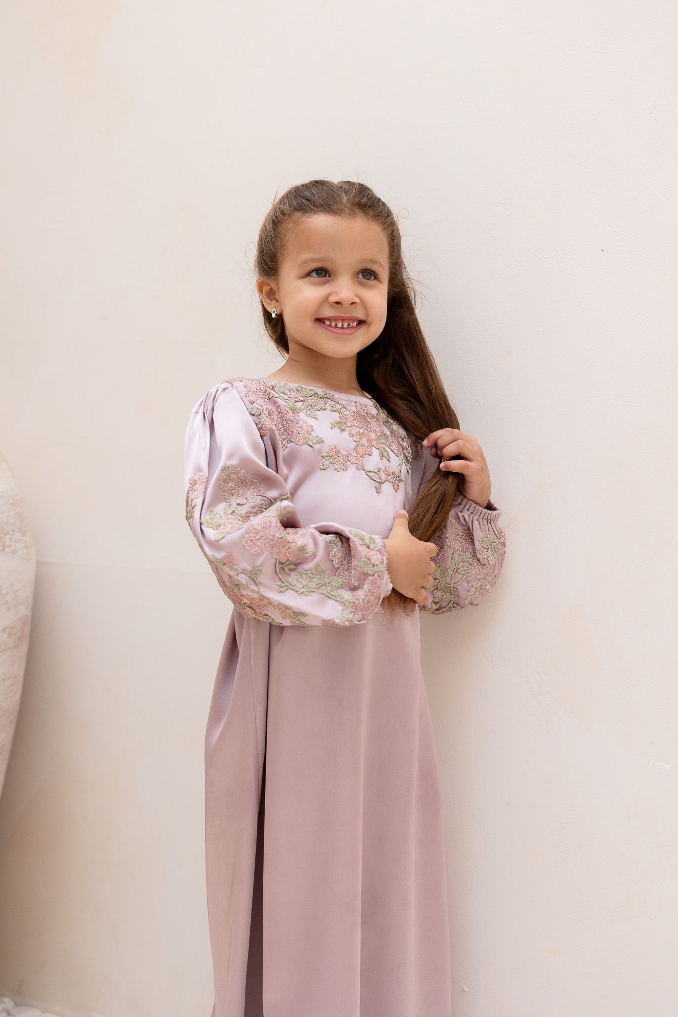 Deep Lilac Botanic Embroidered Belted Kids Abaya