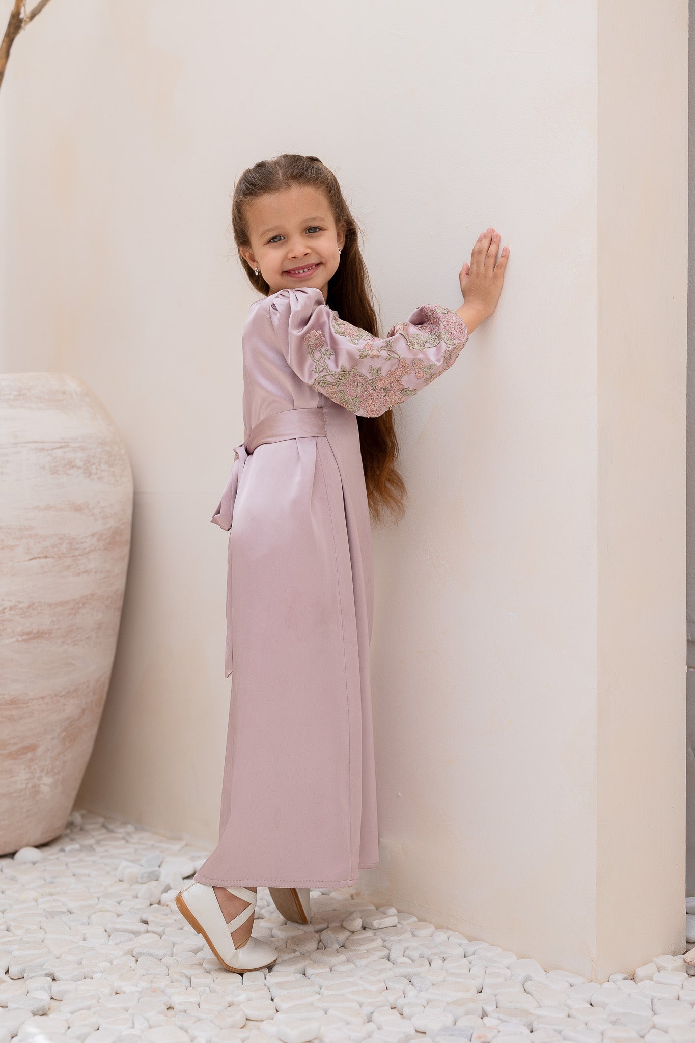 Deep Lilac Botanic Embroidered Belted Kids Abaya