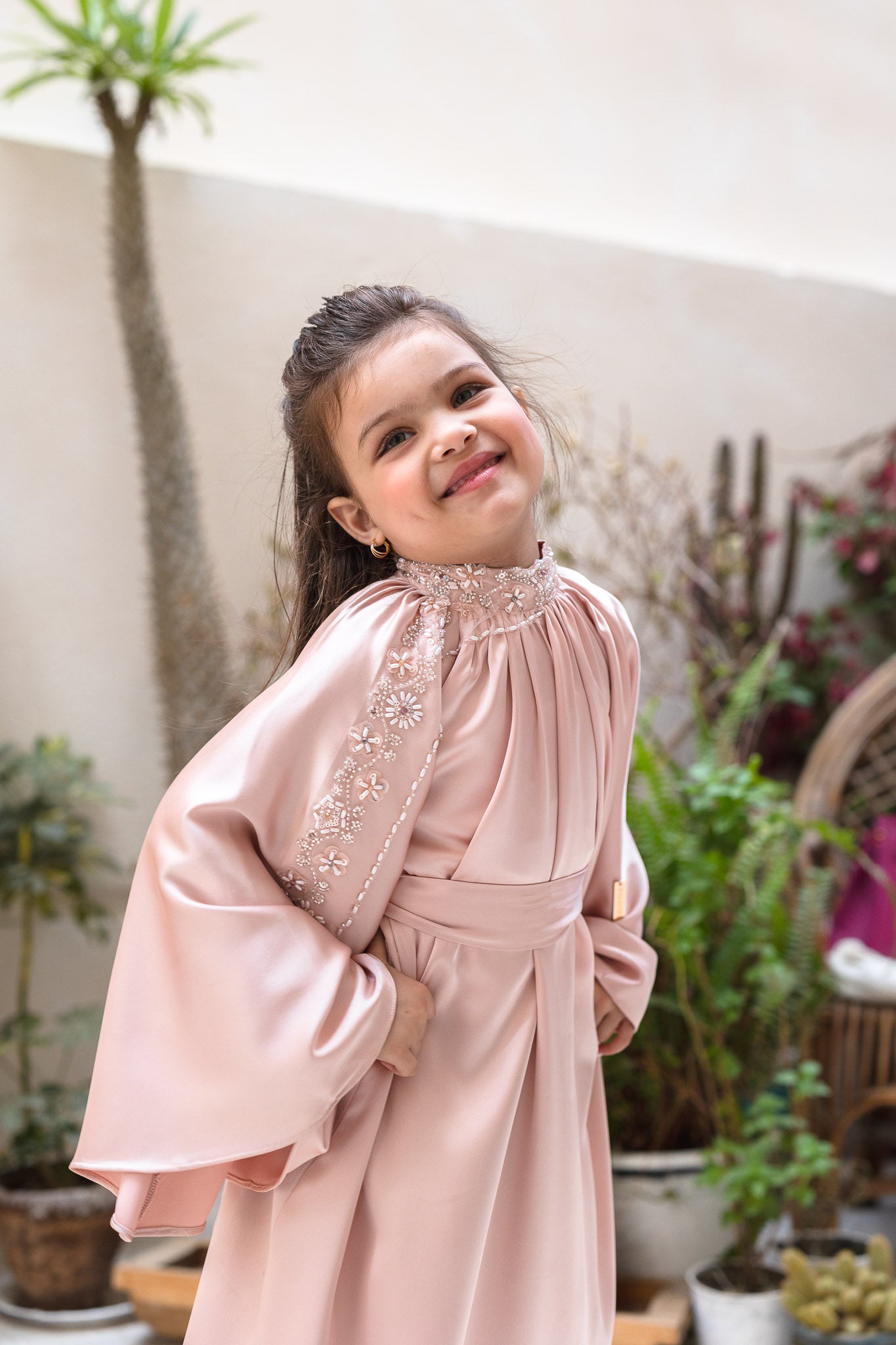 Blush Pink Embellished Satin Kids Abaya