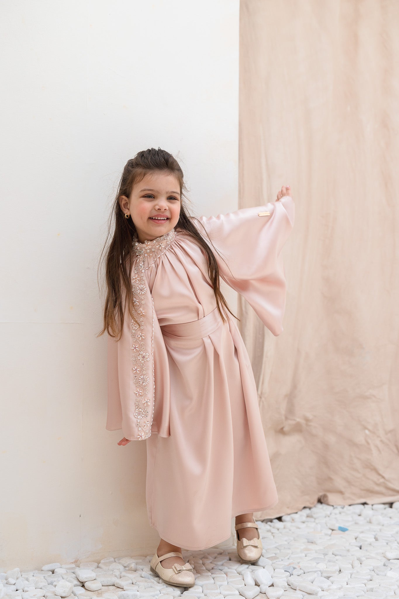 Blush Pink Embellished Satin Kids Abaya
