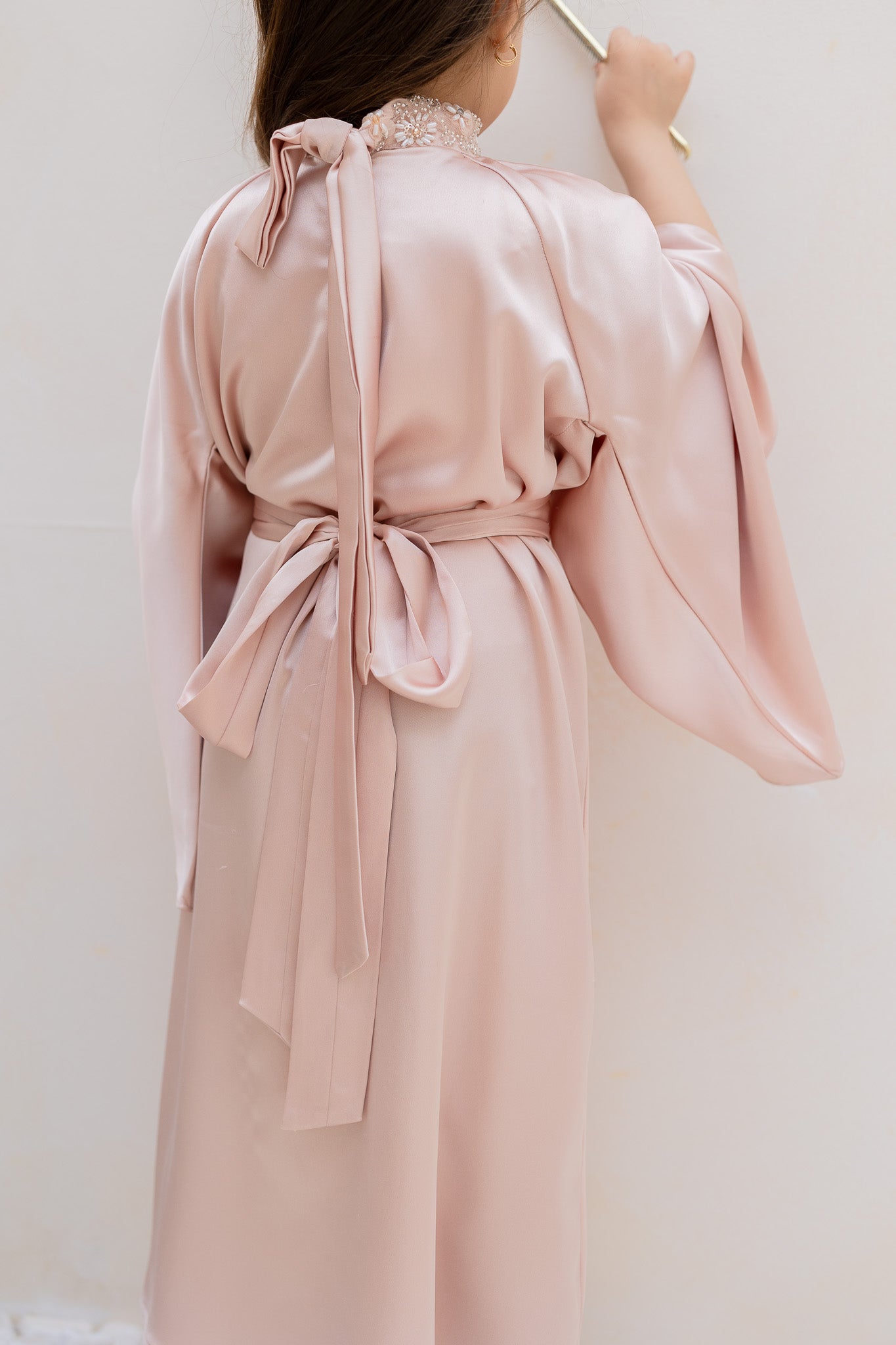 Blush Pink Embellished Satin Kids Abaya