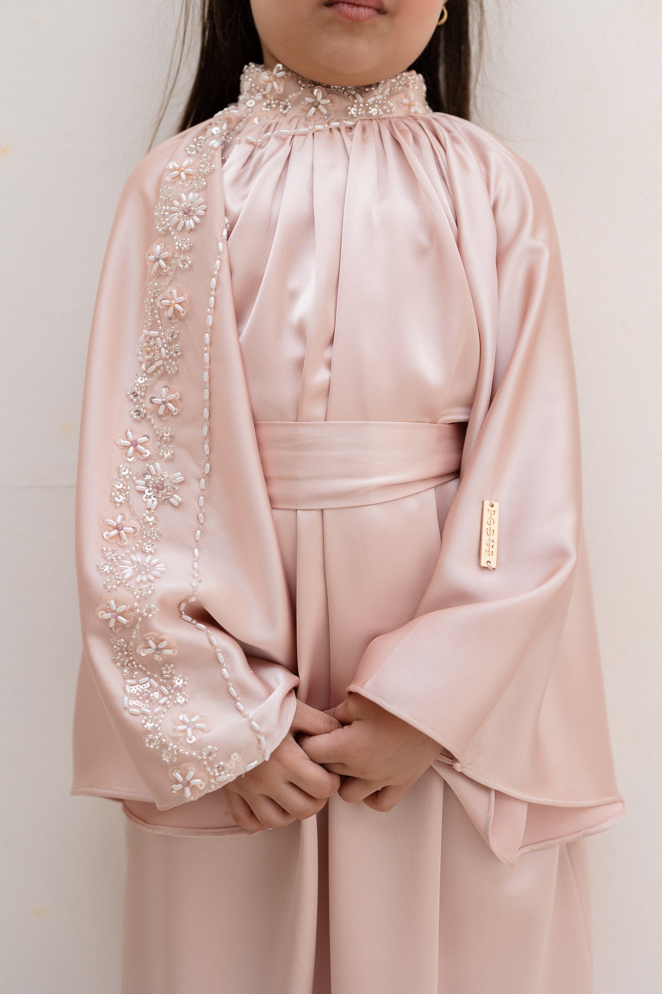 Blush Pink Embellished Satin Kids Abaya