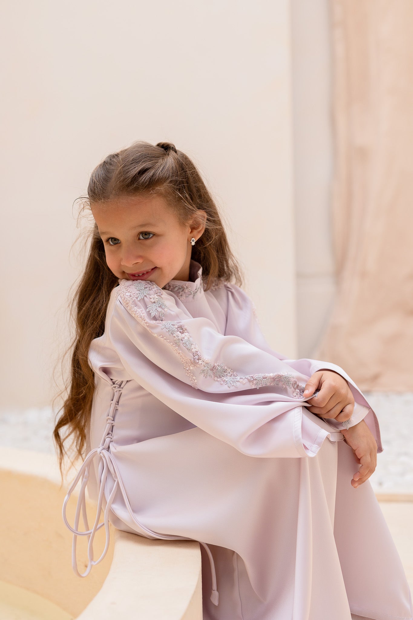 Floral Embroidered Lliac Satin Kids Abaya