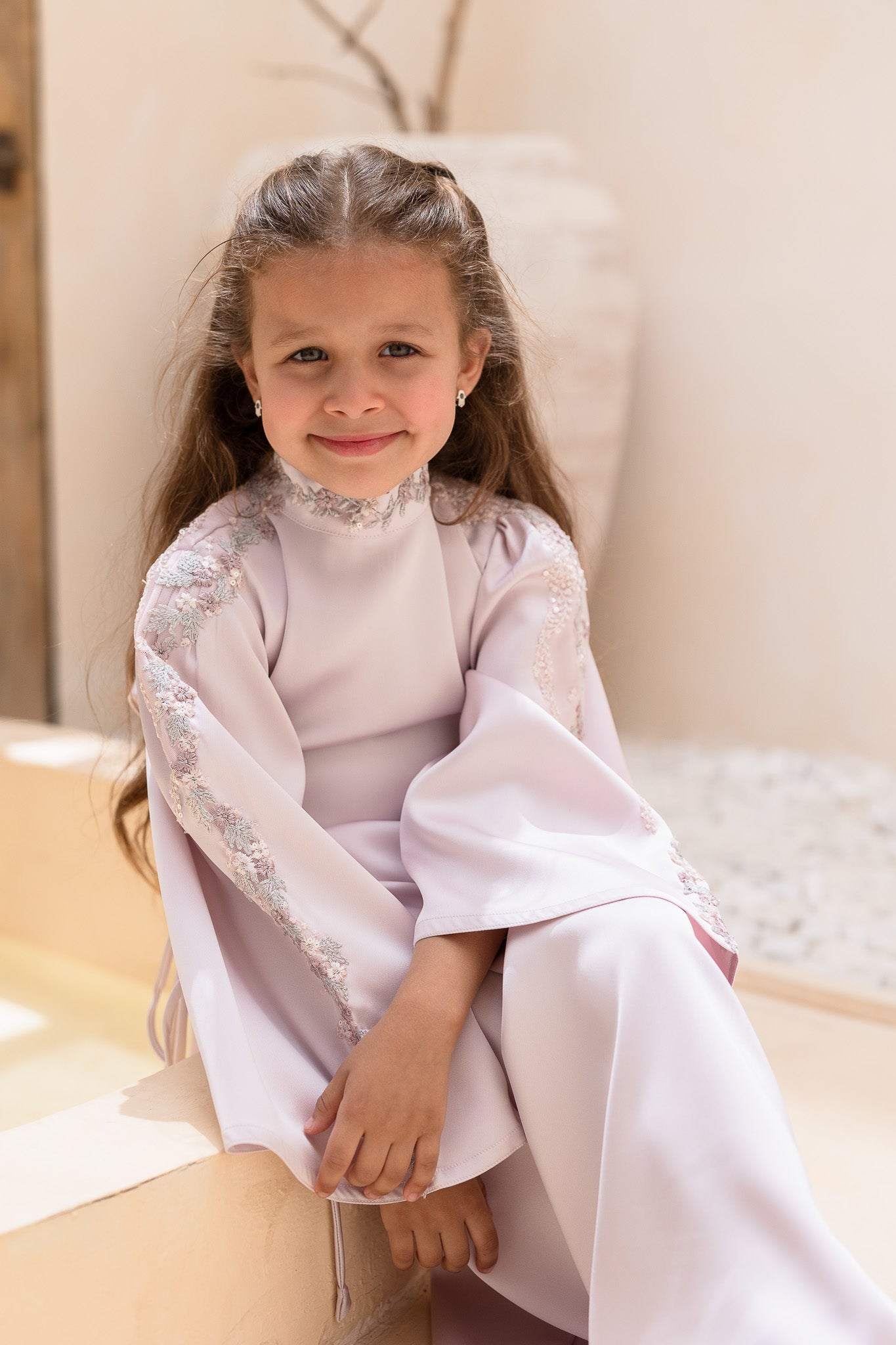 Floral Embroidered Lliac Satin Kids Abaya