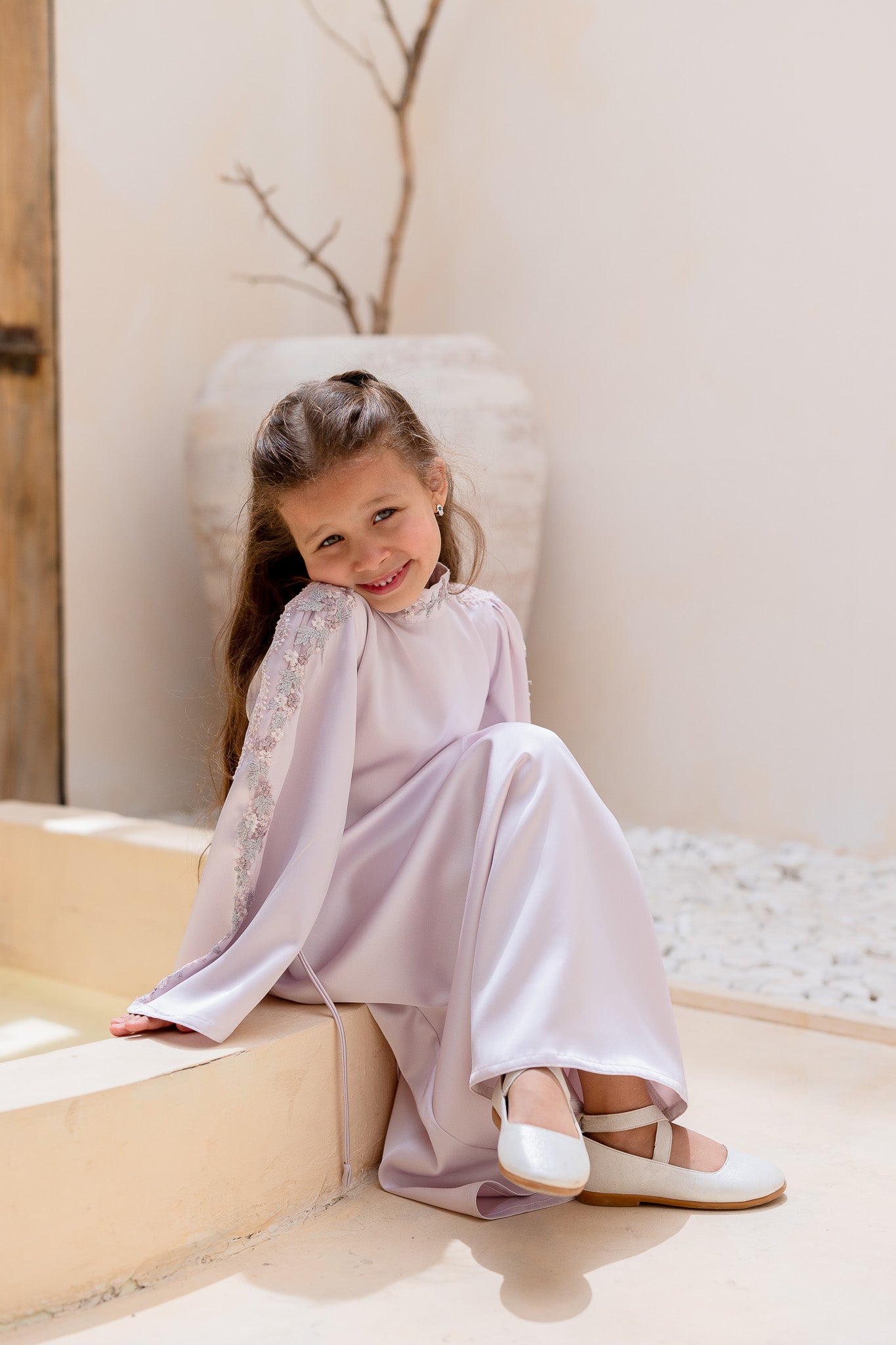 Floral Embroidered Lliac Satin Kids Abaya