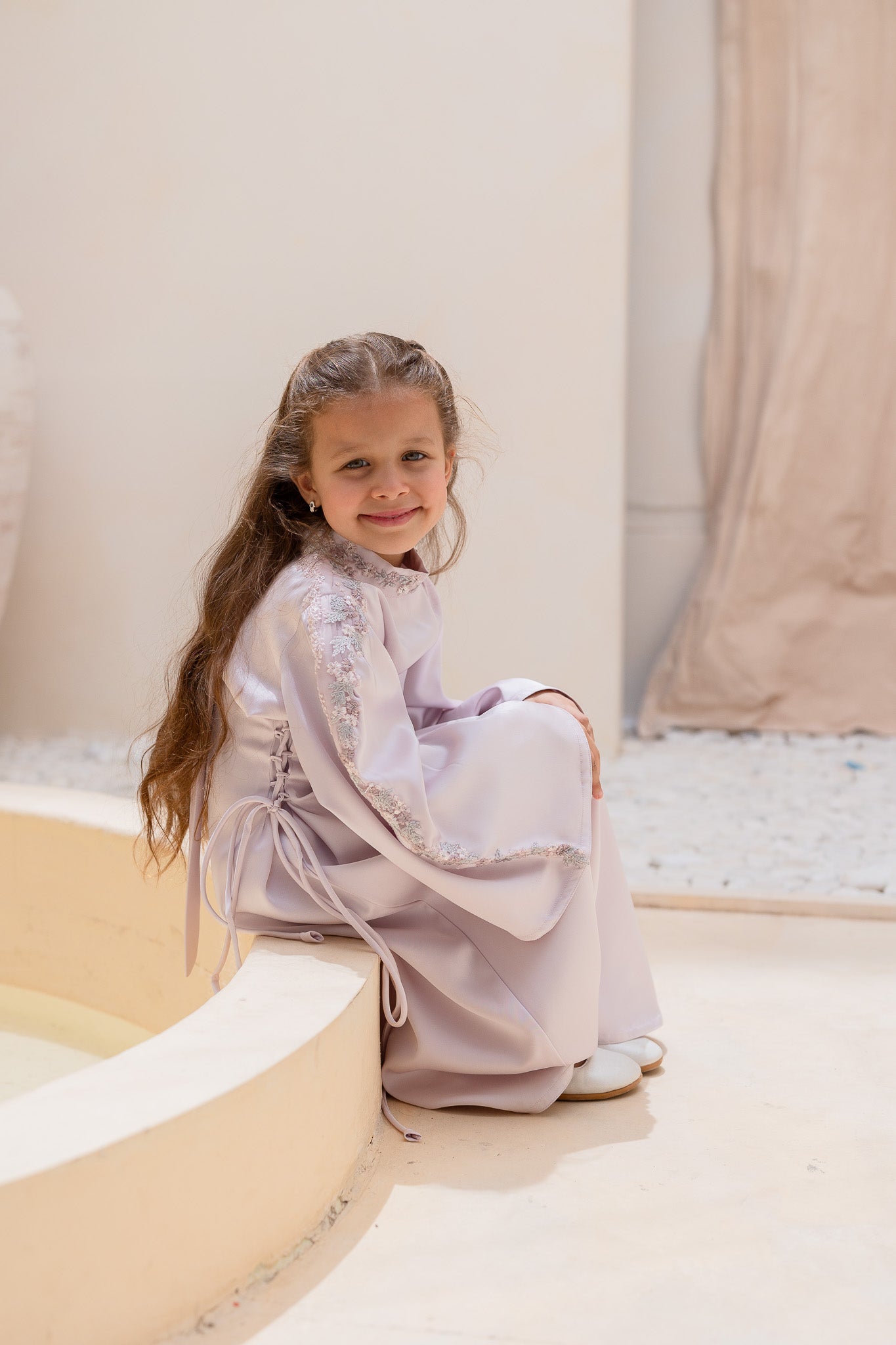 Floral Embroidered Lliac Satin Kids Abaya