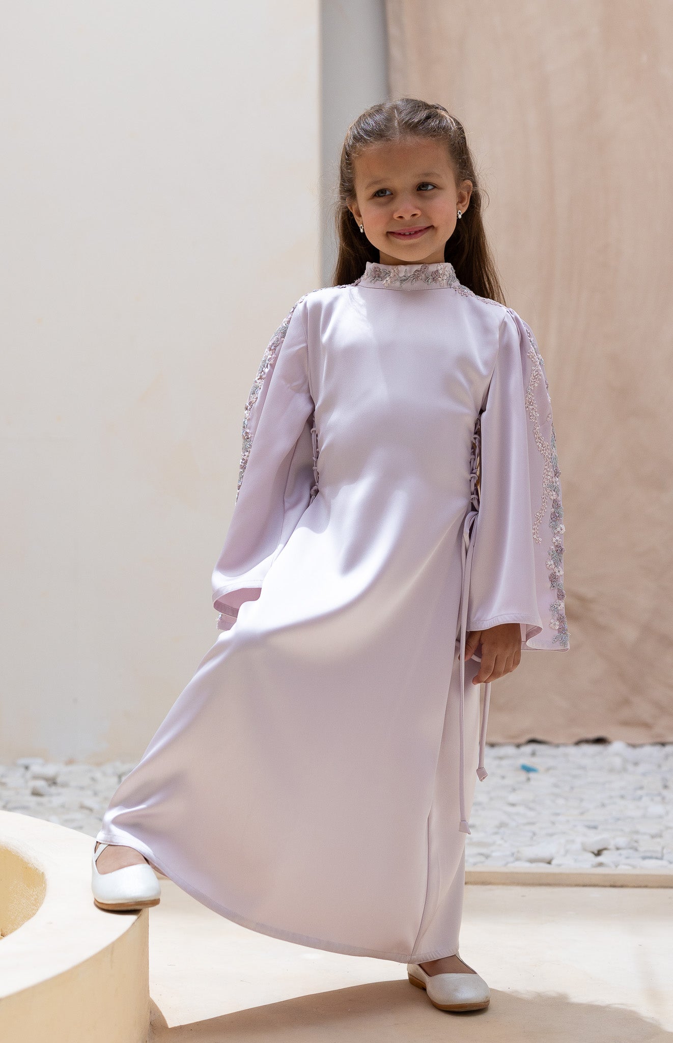 Floral Embroidered Lliac Satin Kids Abaya