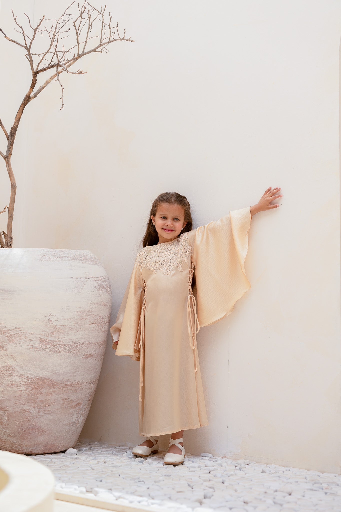 Ivory Cream Embellished Cinch Kids Abaya