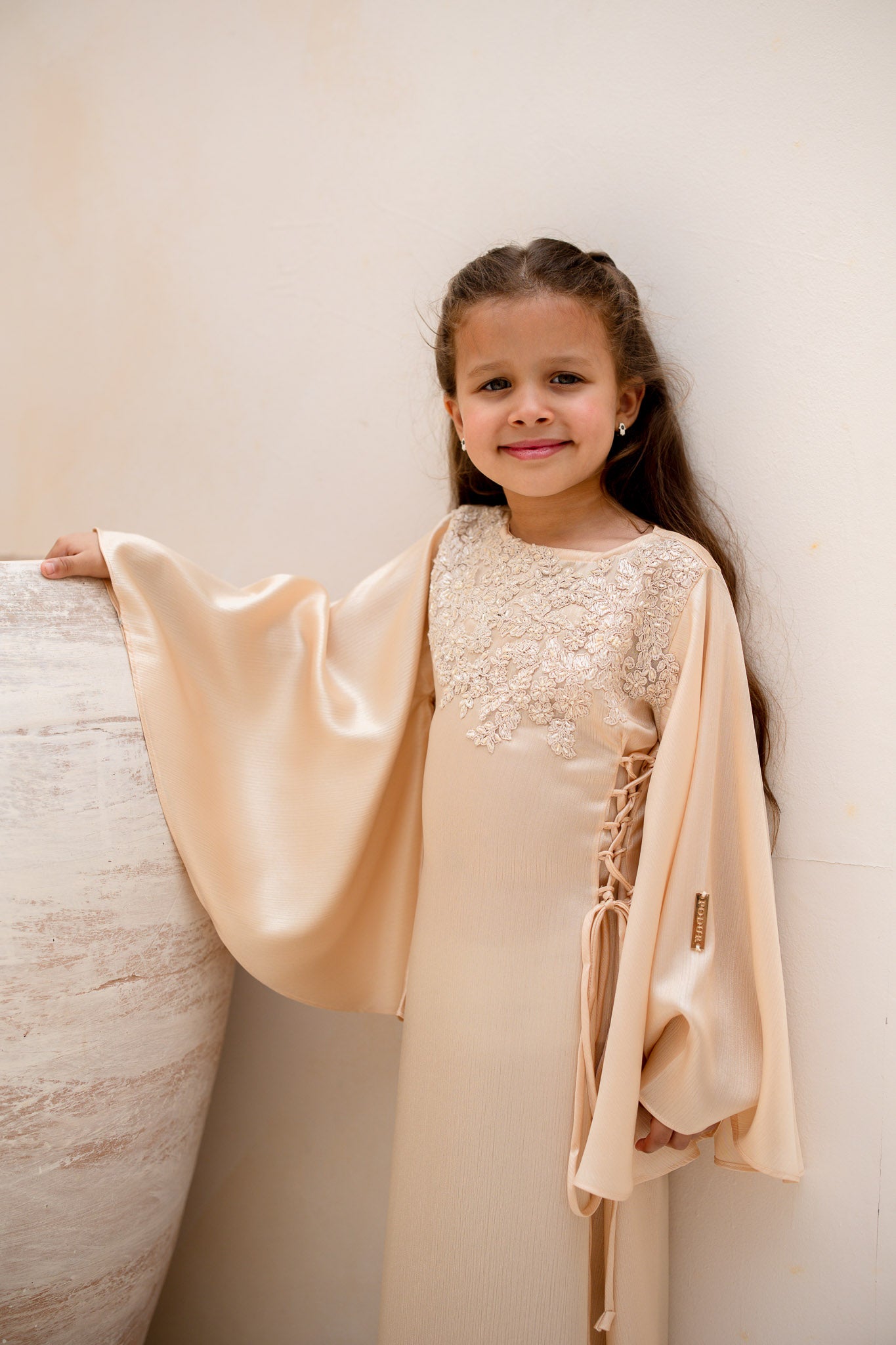 Ivory Cream Embellished Cinch Kids Abaya