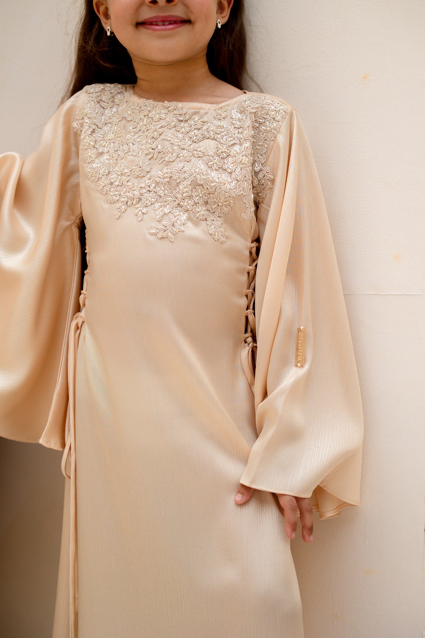 Ivory Cream Embellished Cinch Kids Abaya