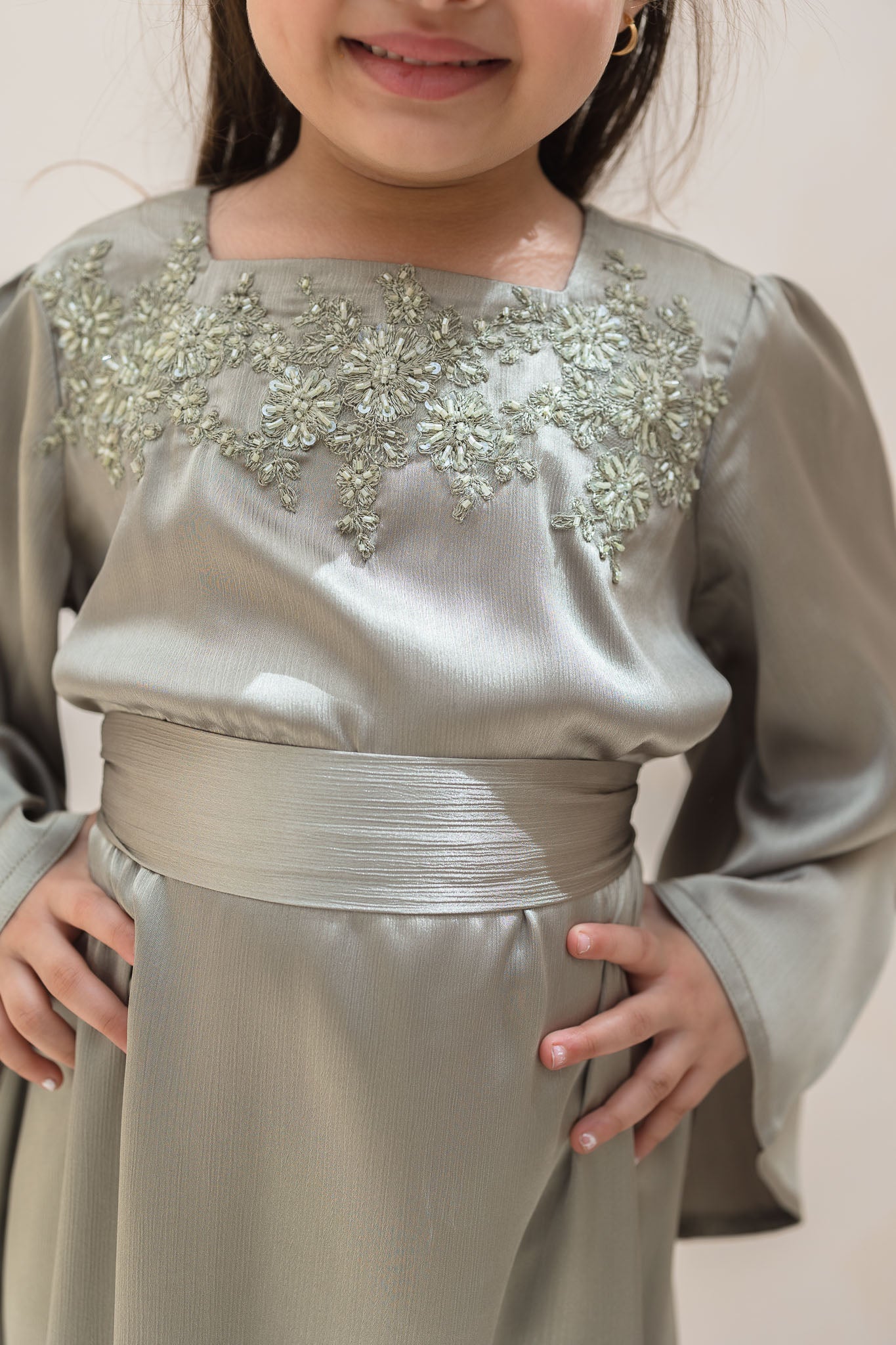 Sage Green Embroidered Kids Abaya