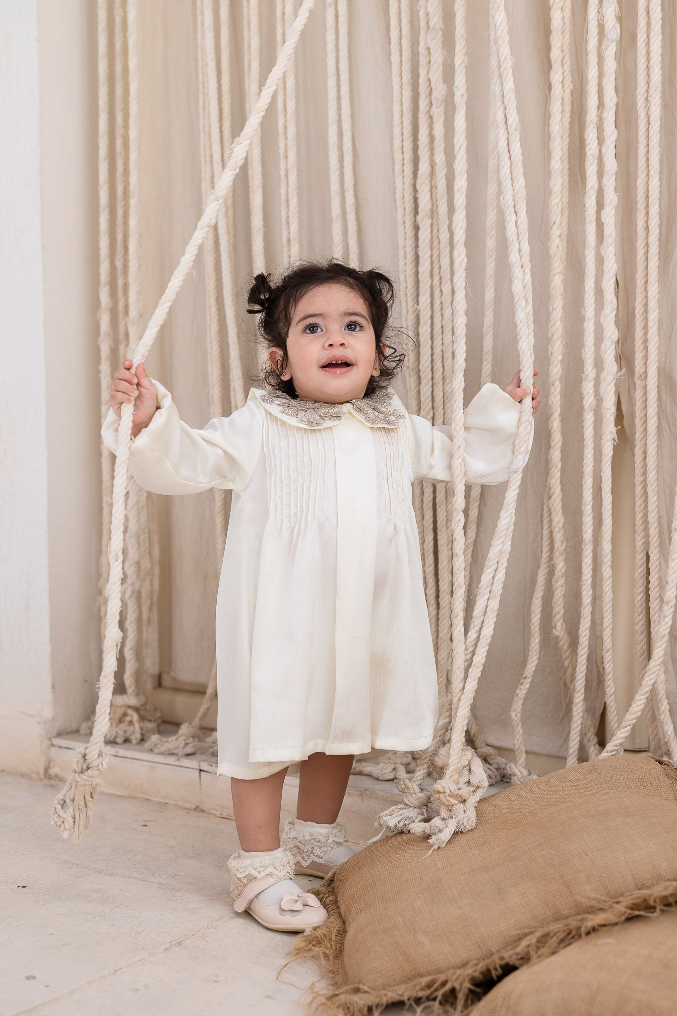 Ivory Embellished Collar Pleats Baby Dress
