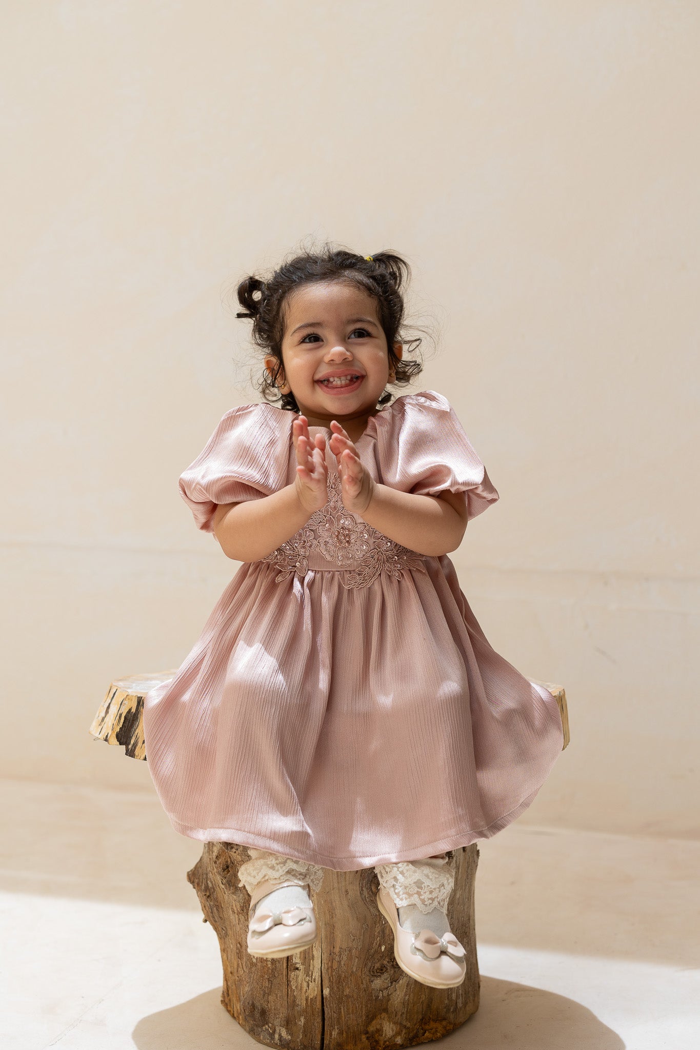 Light Pink Embellished Puff Sleeve Baby Dress