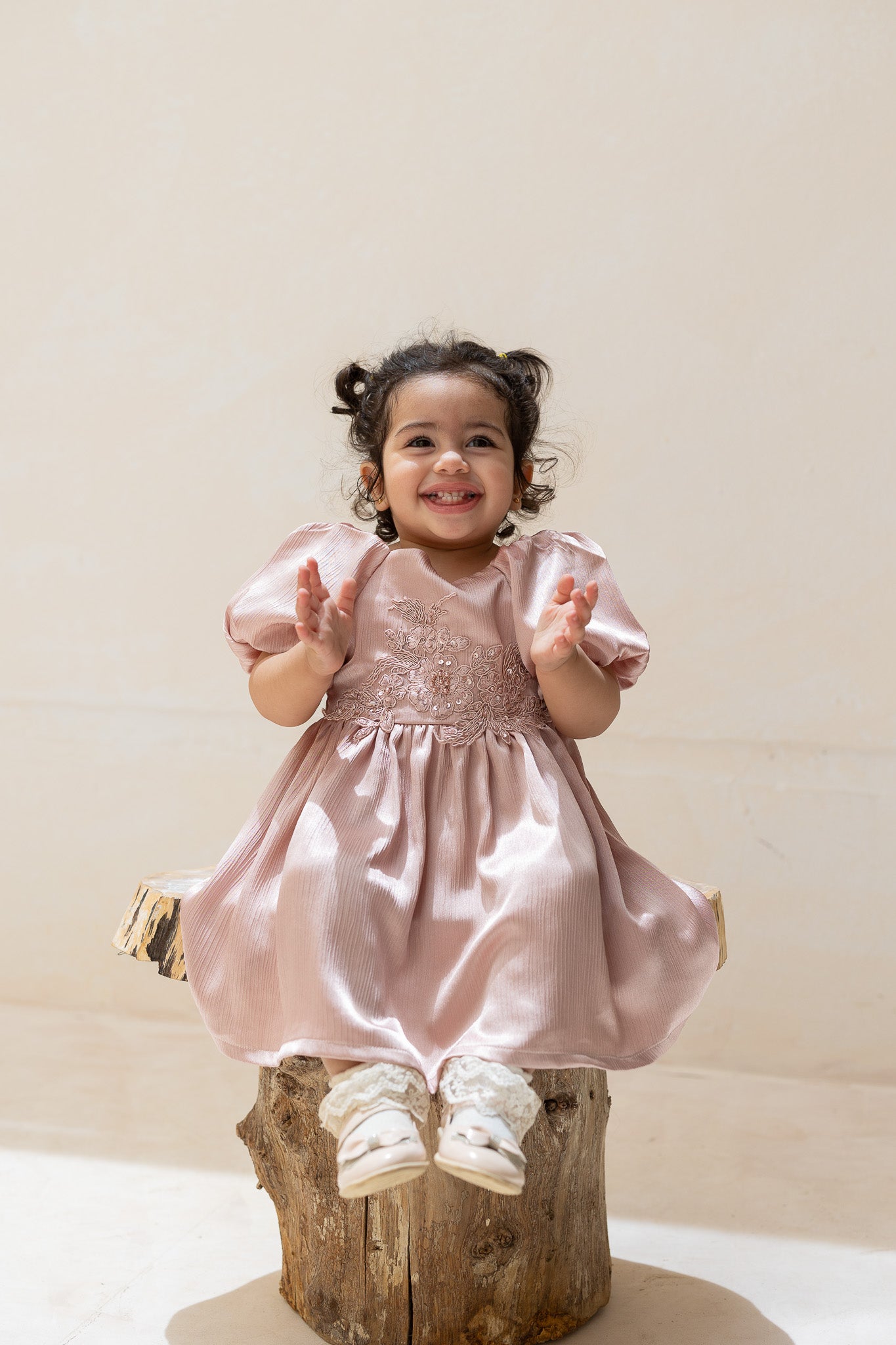 Light Pink Embellished Puff Sleeve Baby Dress