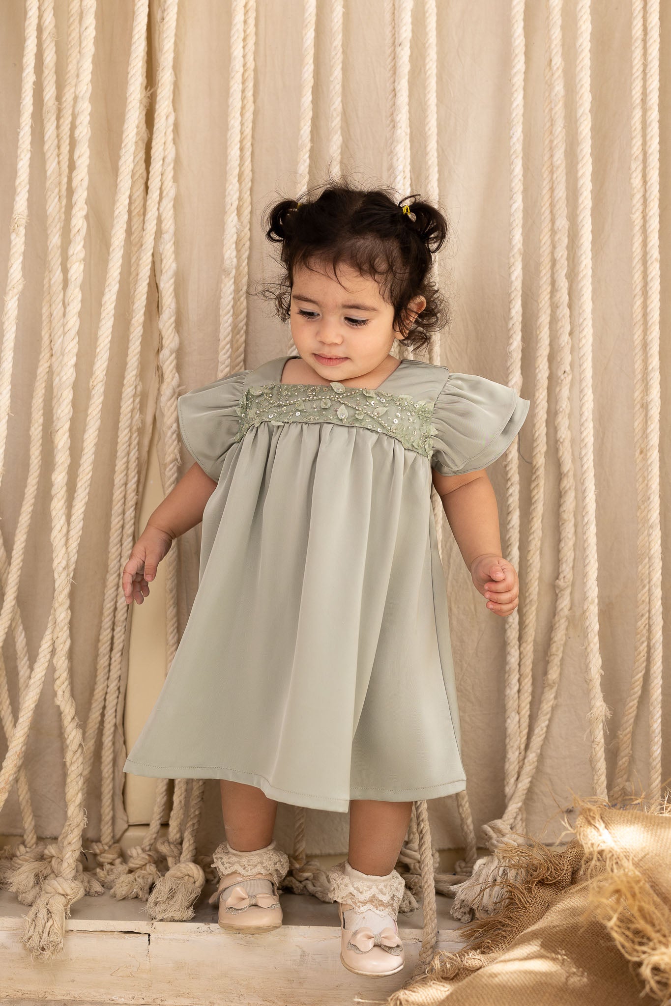 Sage Green Embellished Cap Sleeve Baby Dress