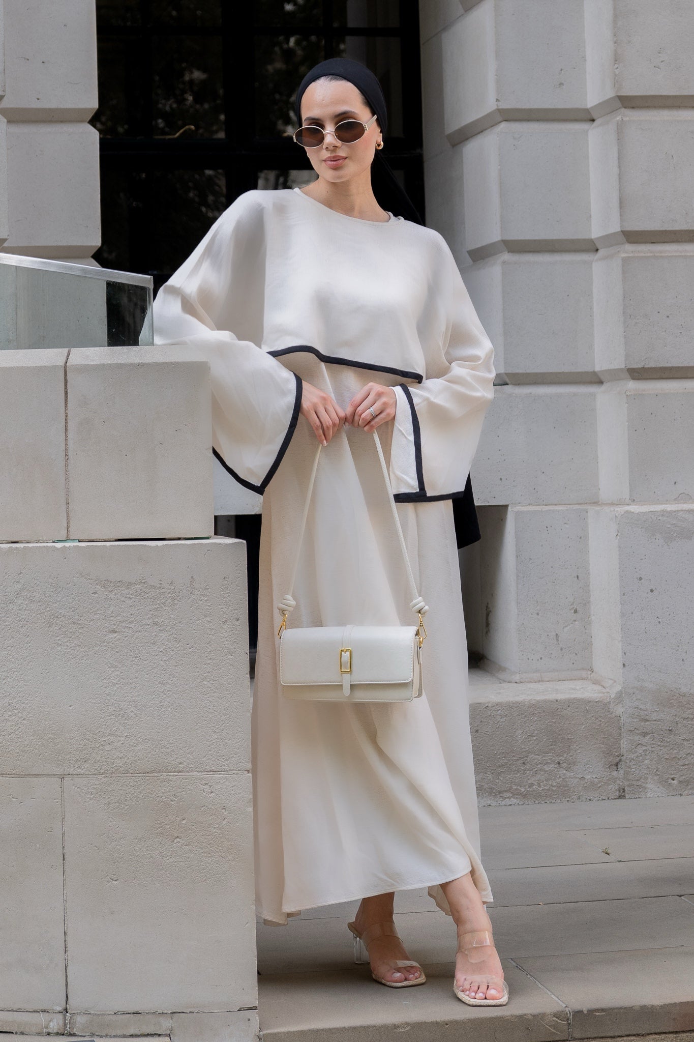 Elegant Ivory Linen Maxi Dress with Contrast Detailing