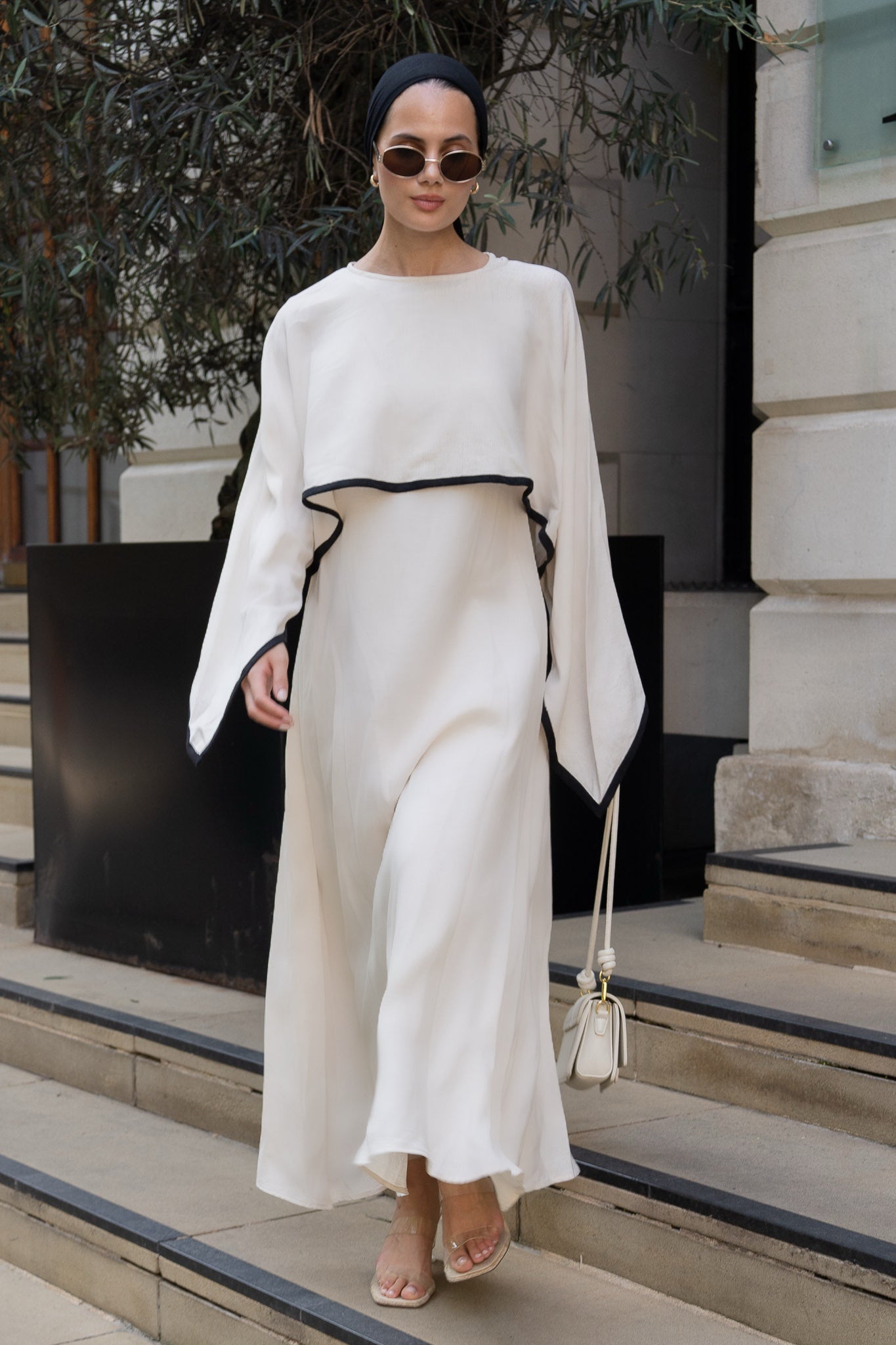 Elegant Ivory Linen Maxi Dress with Contrast Detailing