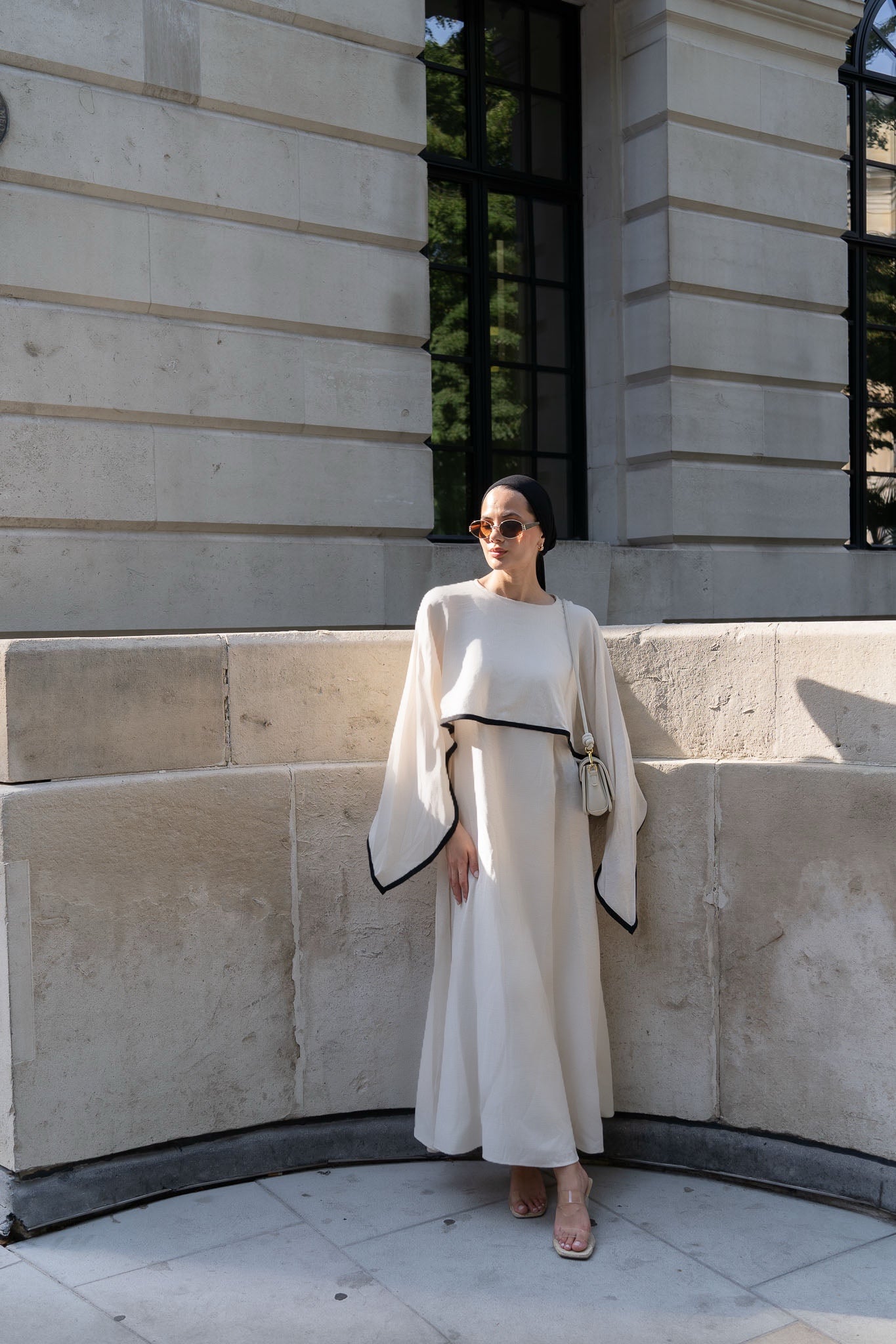 Elegant Ivory Linen Maxi Dress with Contrast Detailing