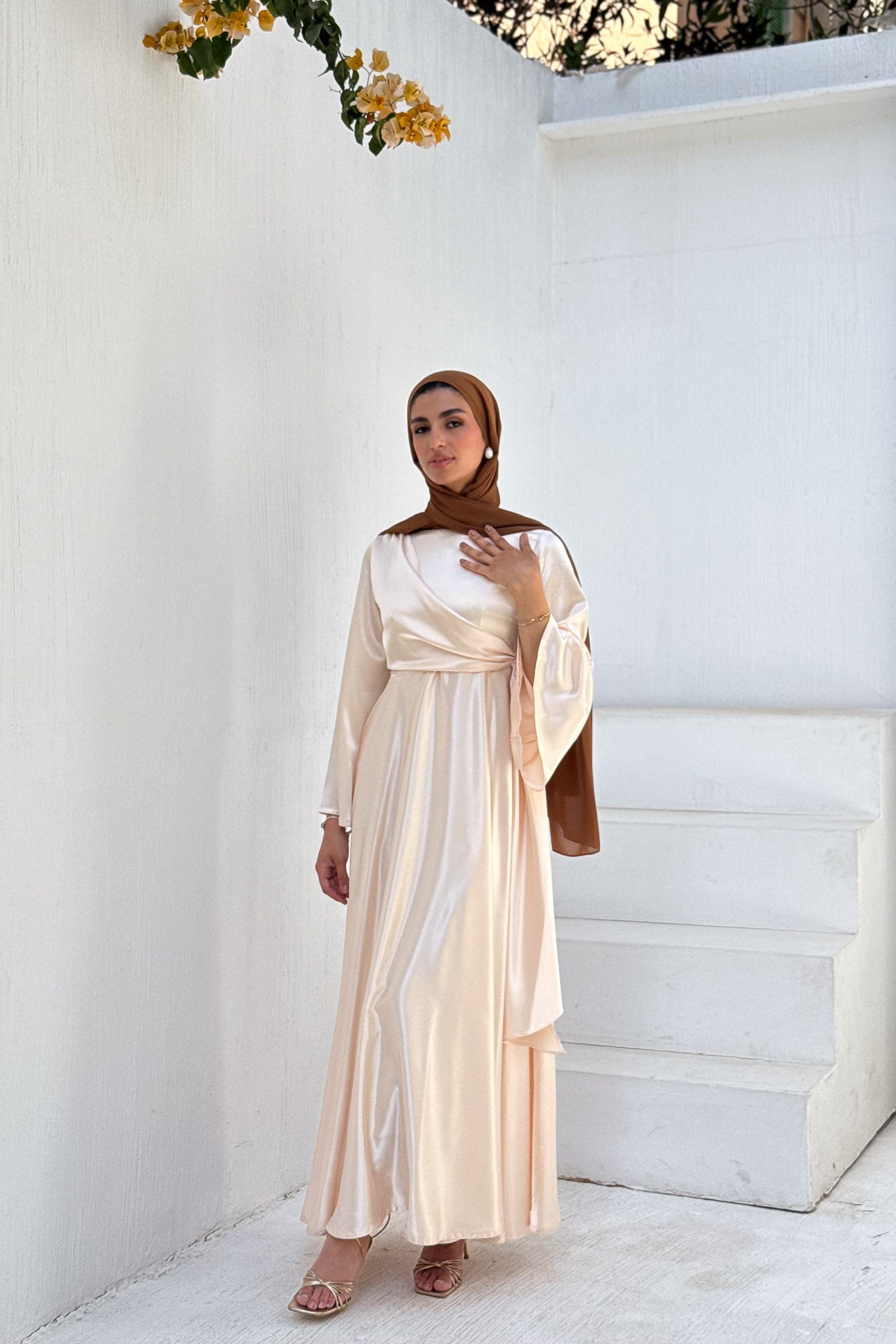 Ivory cream draped Belted Satin Maxi Dress