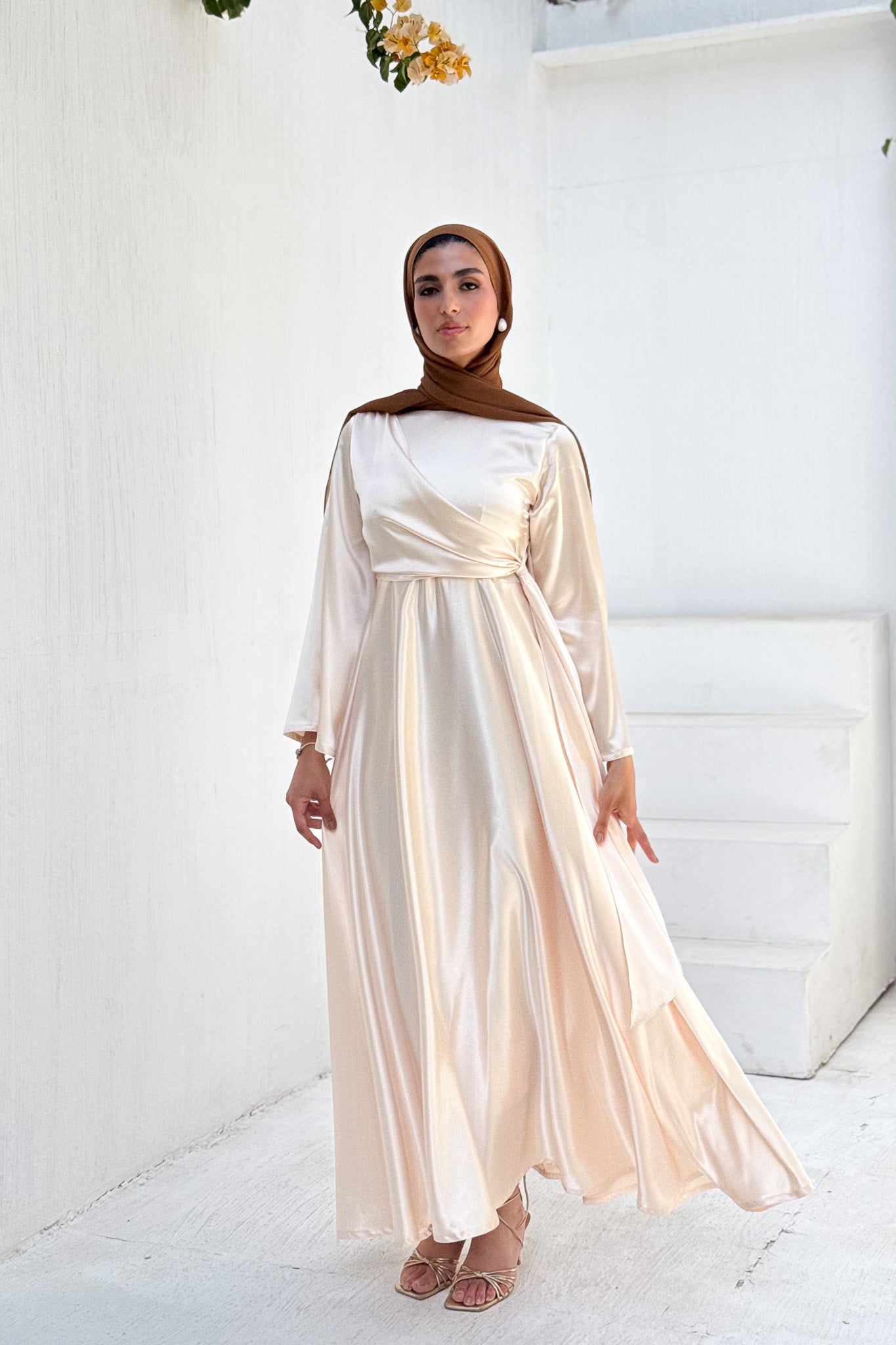 Ivory cream draped Belted Satin Maxi Dress