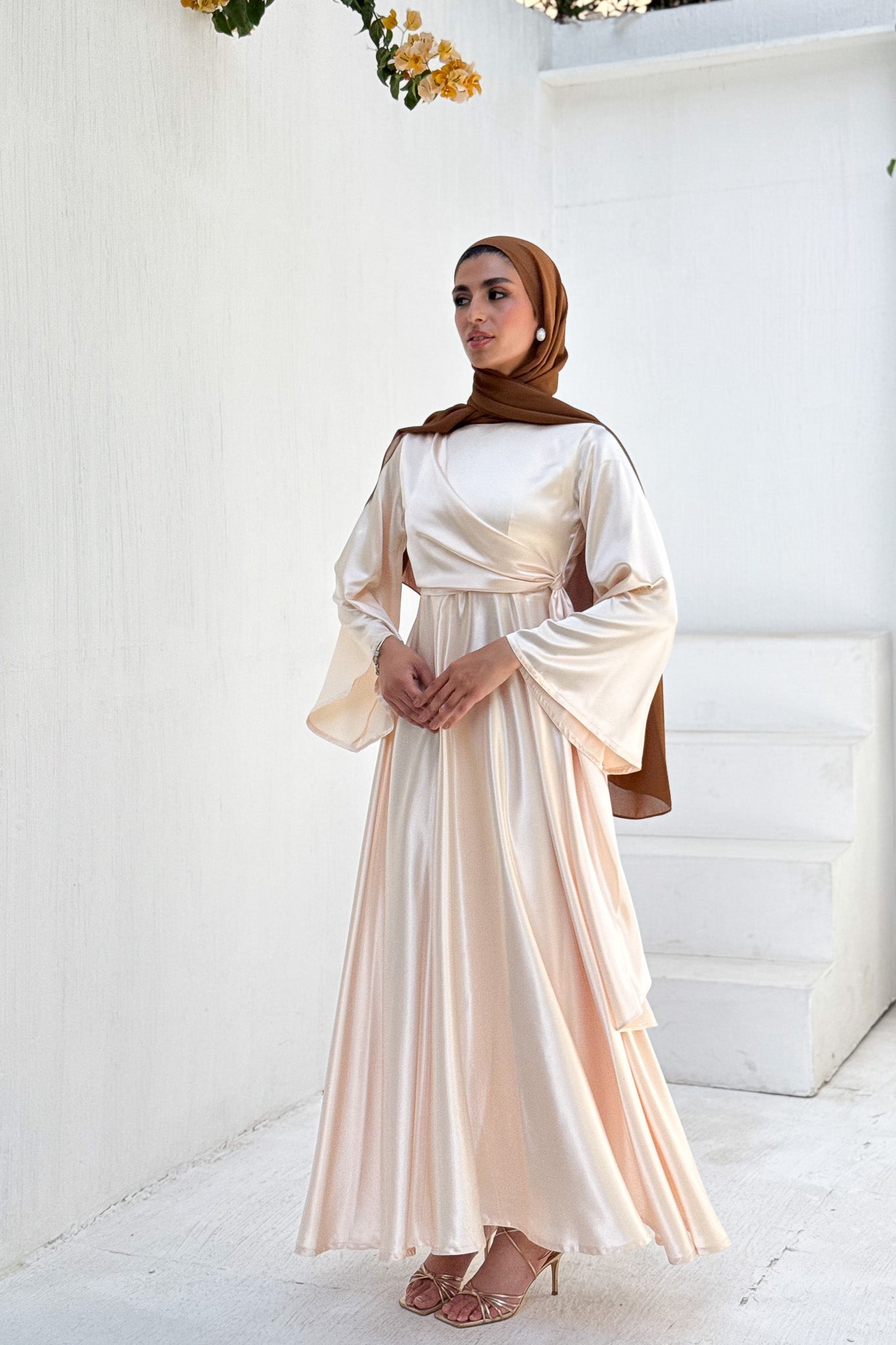 Ivory cream draped Belted Satin Maxi Dress