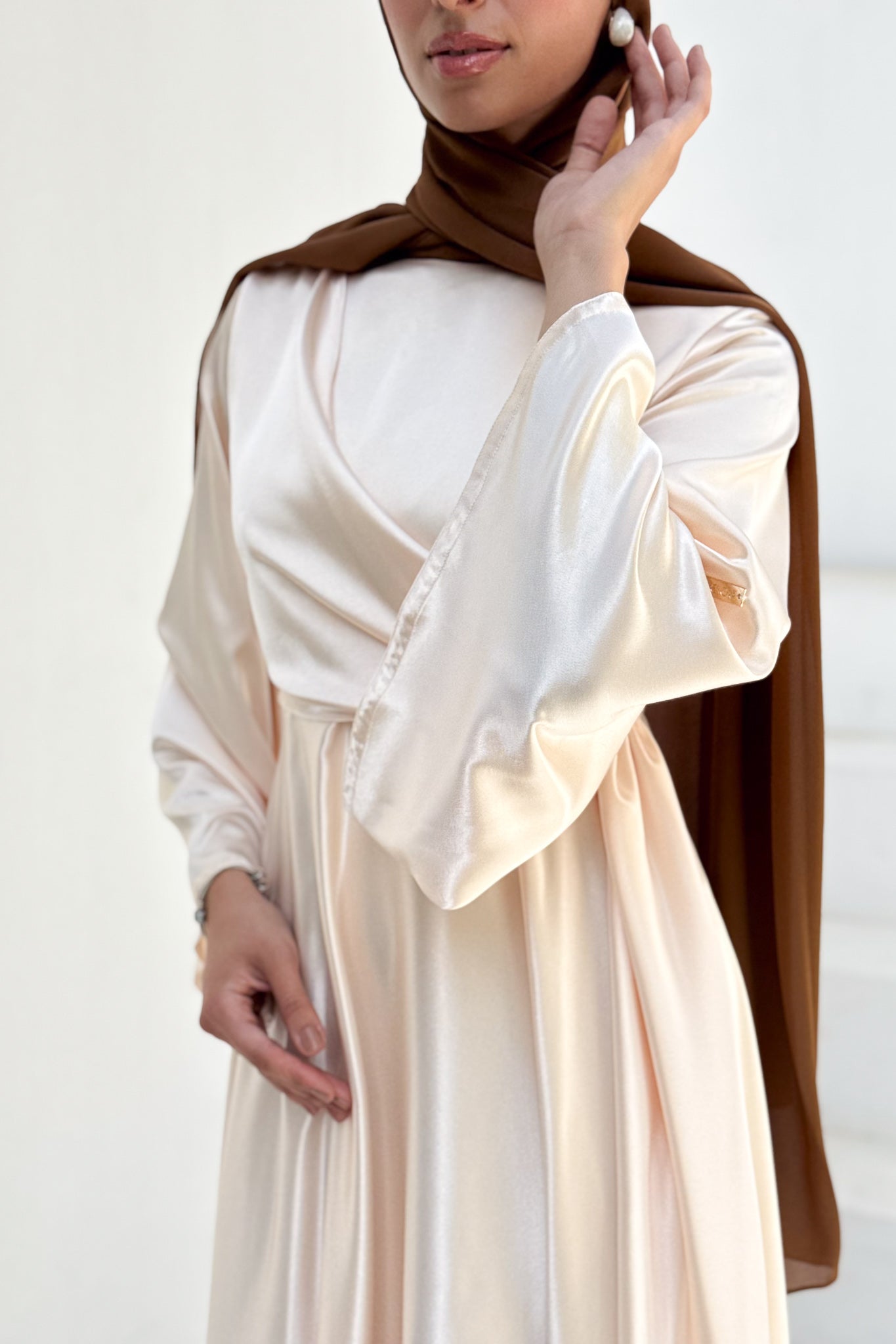 Ivory cream draped Belted Satin Maxi Dress