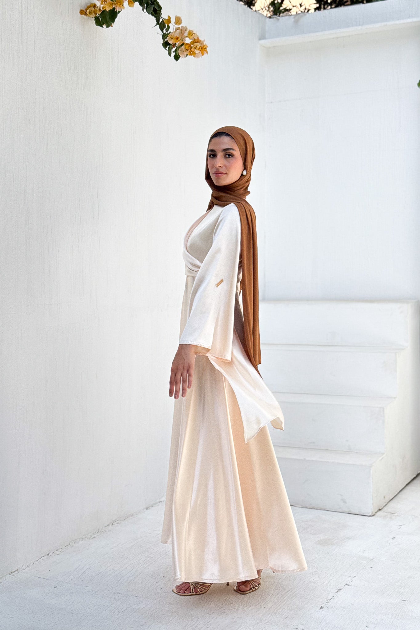 Ivory cream draped Belted Satin Maxi Dress