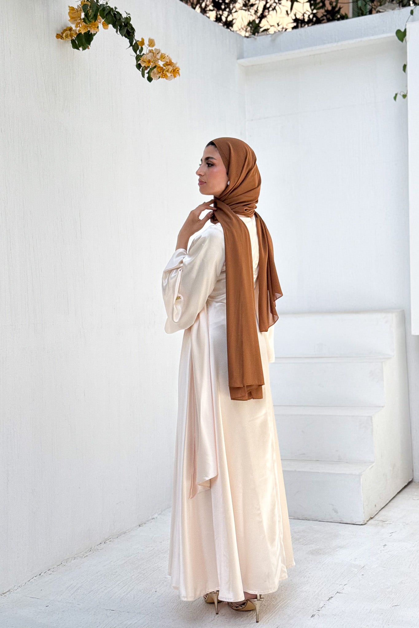 Ivory cream draped Belted Satin Maxi Dress