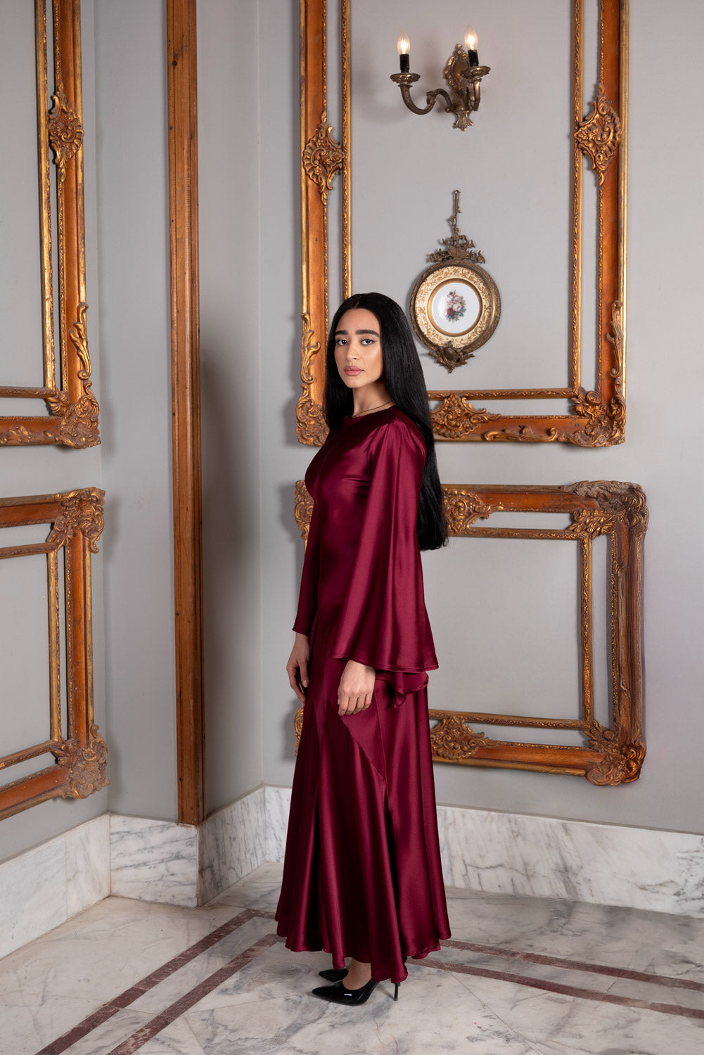 Satin Bell Sleeve Evening Dress - Ruby