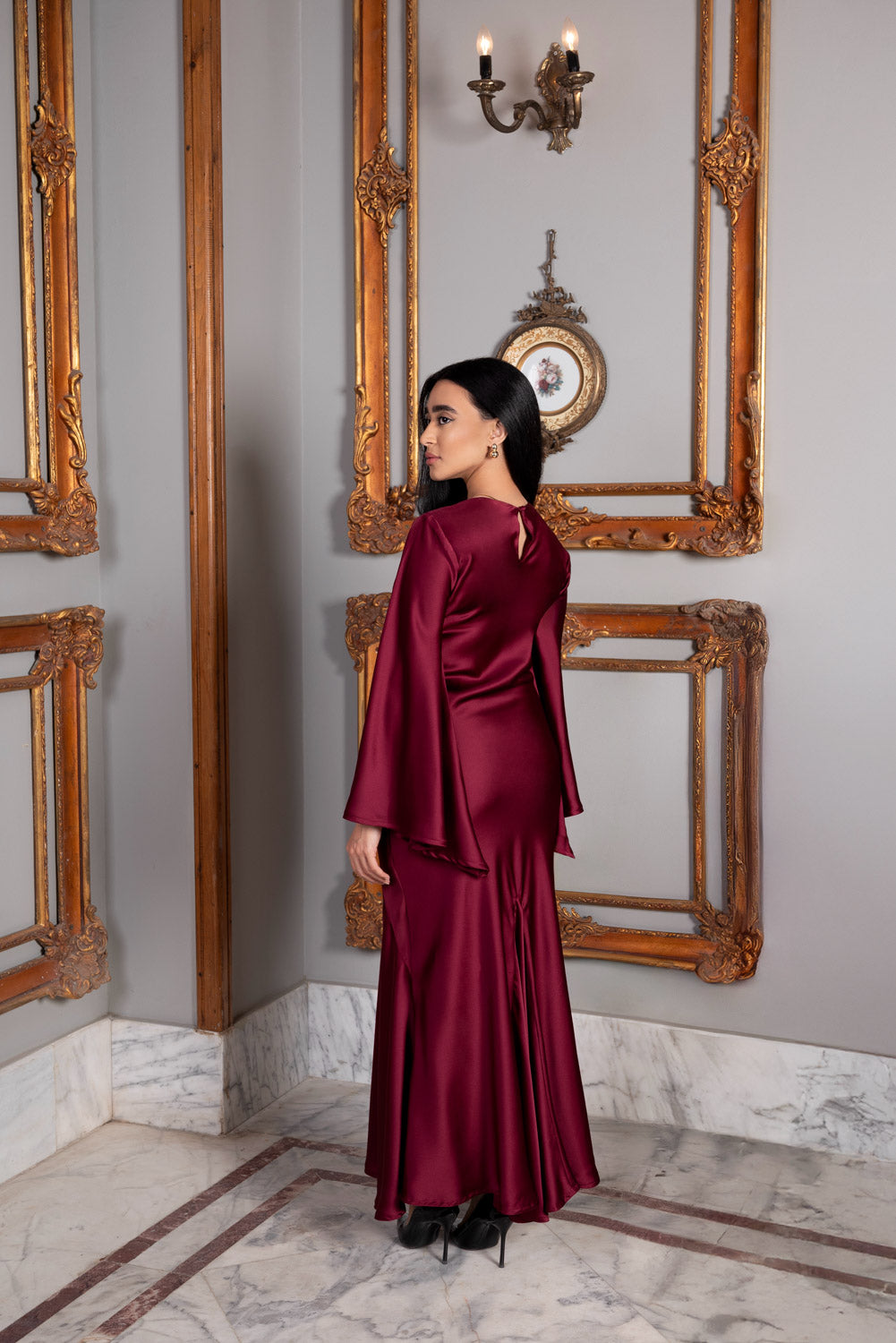 Satin Bell Sleeve Evening Dress - Ruby