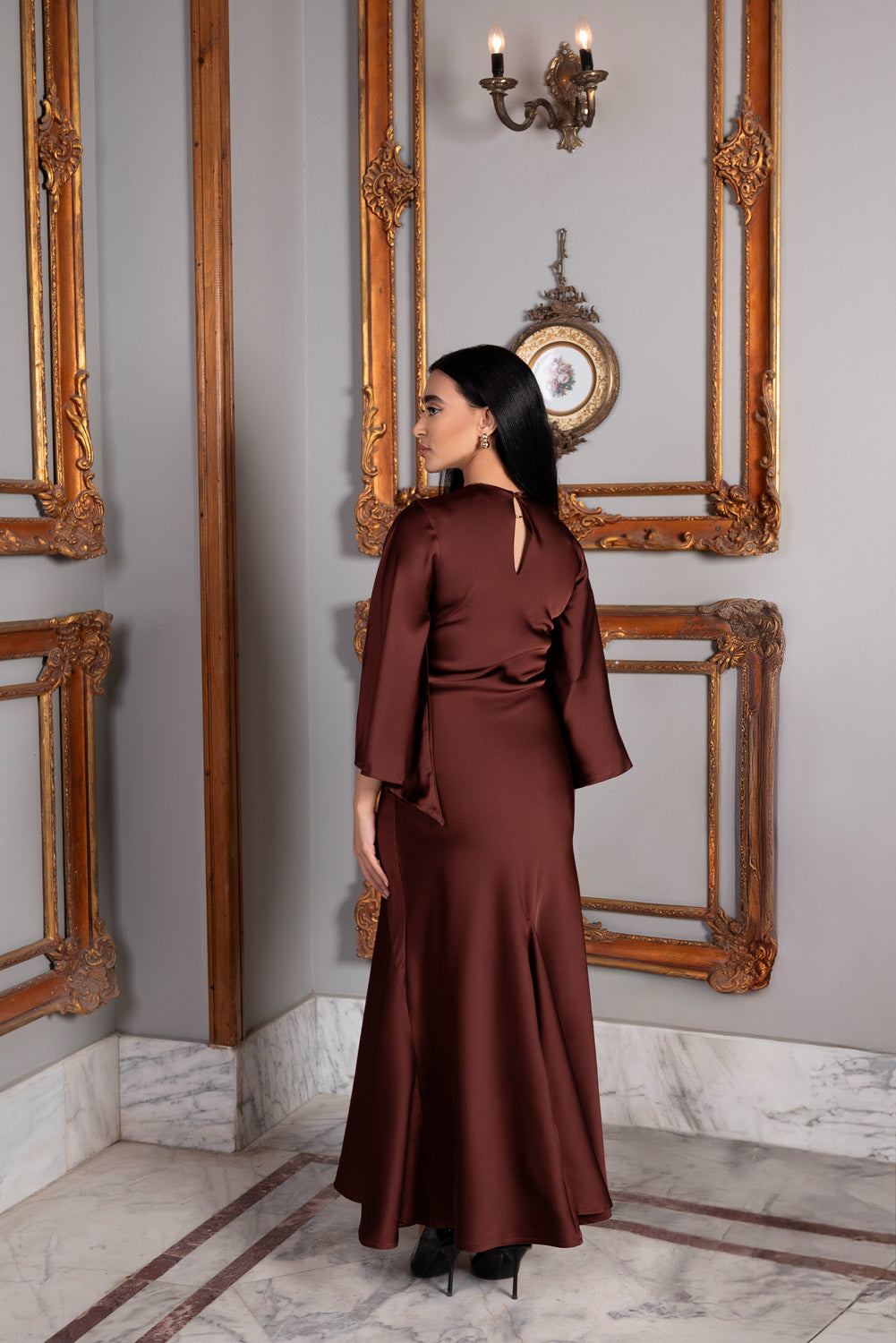 Satin Bell Sleeve Evening Dress - Chocolate