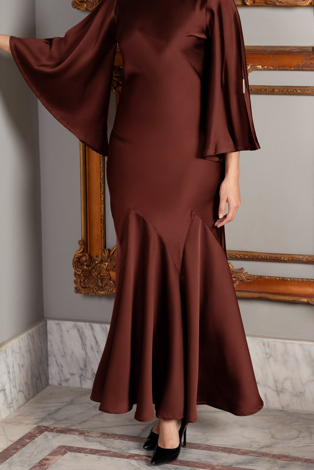 Satin Bell Sleeve Evening Dress - Chocolate
