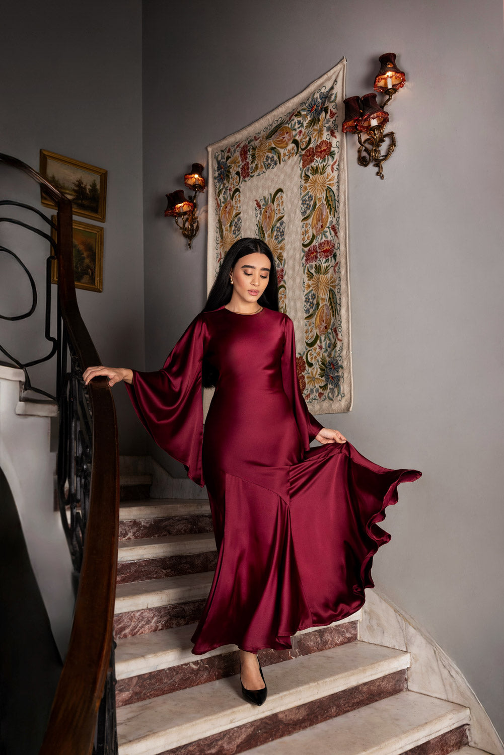 Satin Bell Sleeve Evening Dress - Ruby