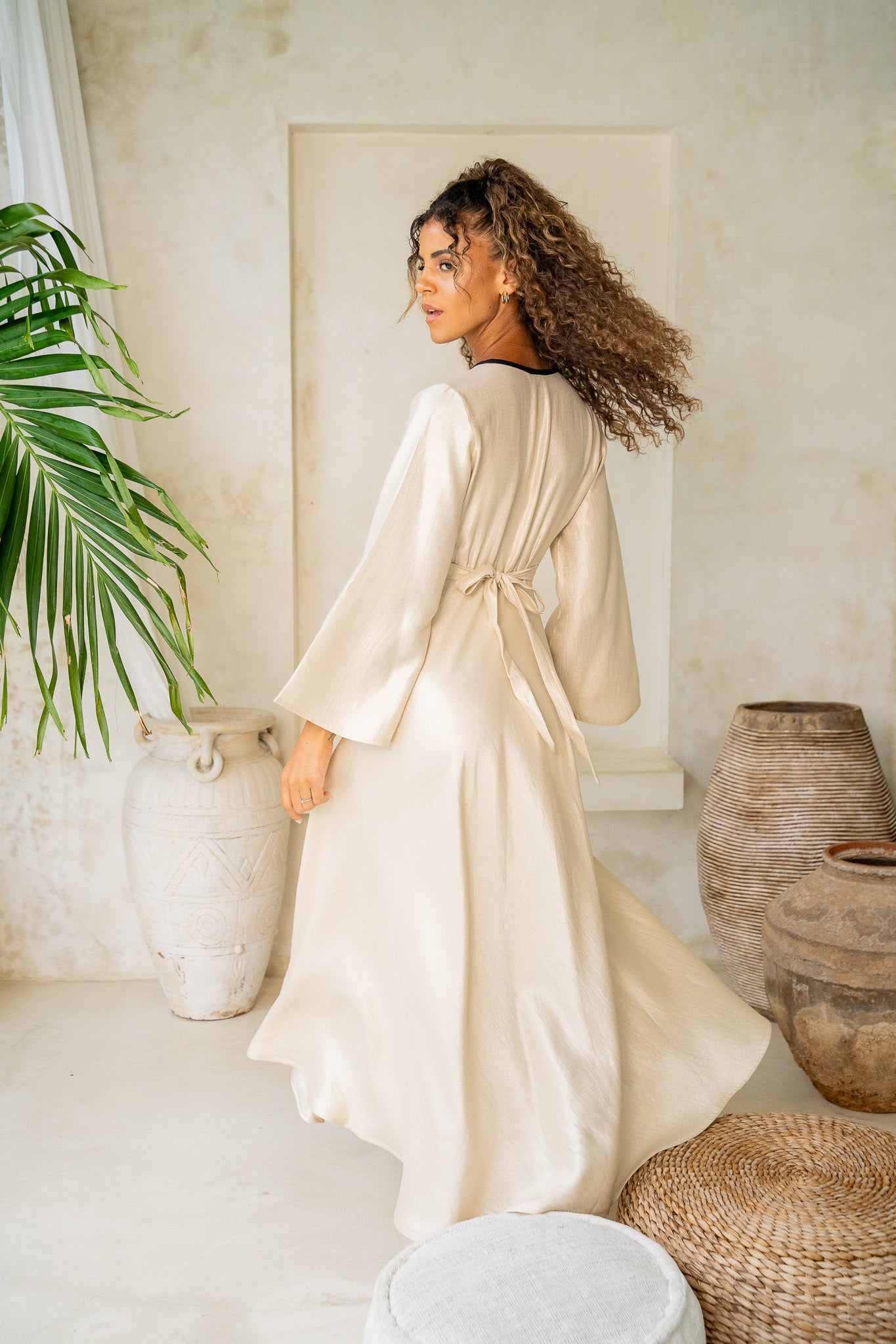 Ivory Cream Satin Tiered Bow Maxi Dress