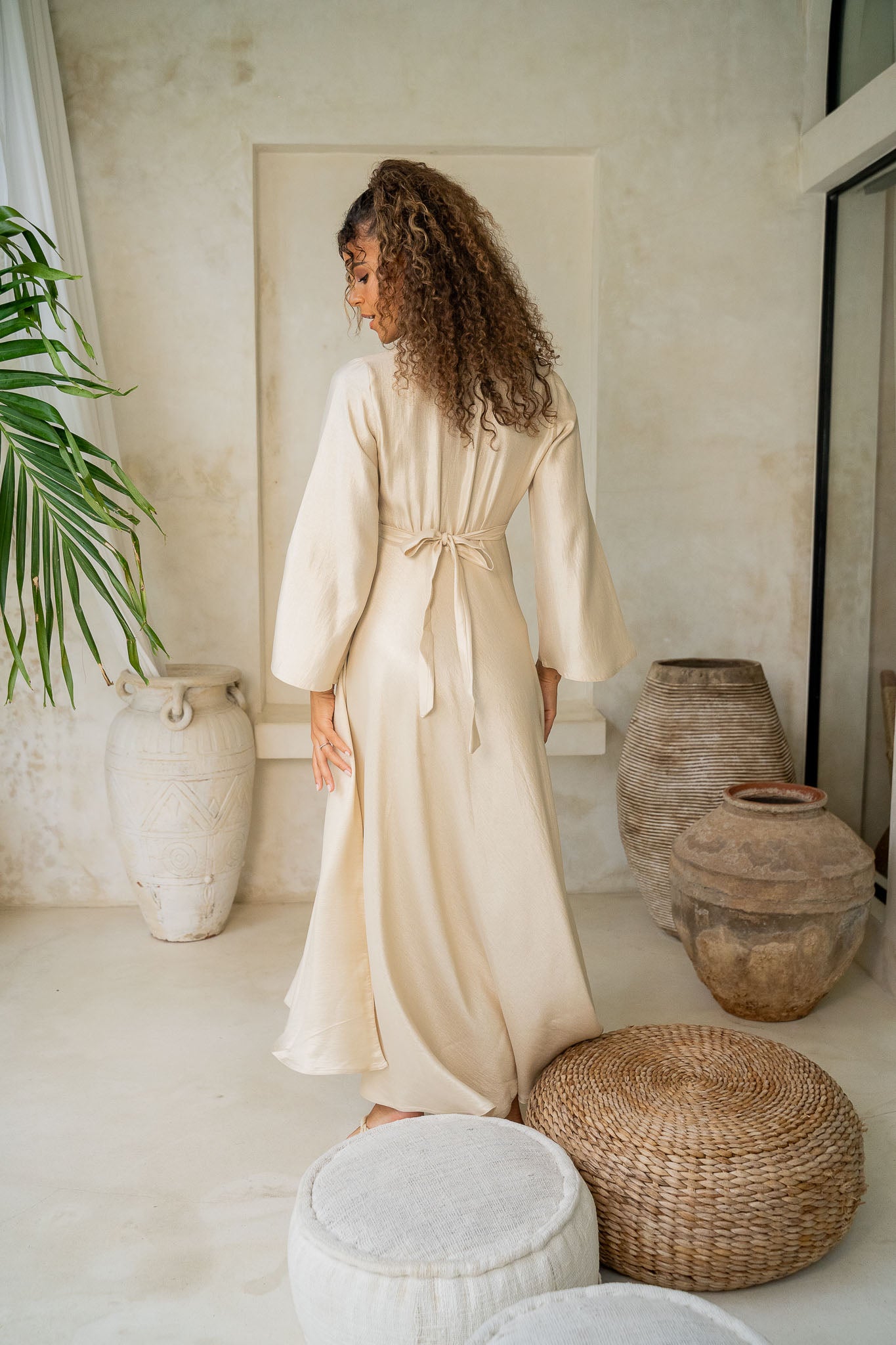 Ivory Cream Satin Tiered Bow Maxi Dress