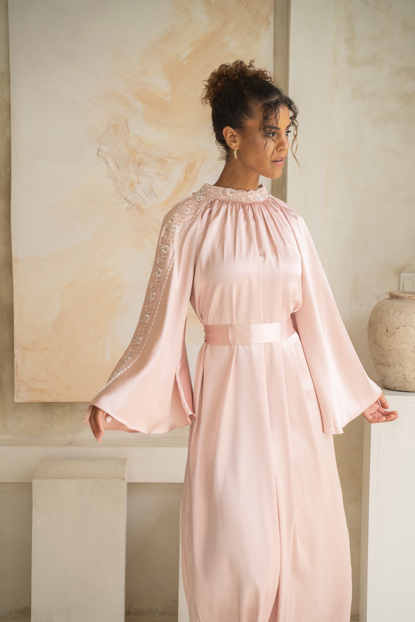 Blush Pink Embellished Belted Satin Abaya