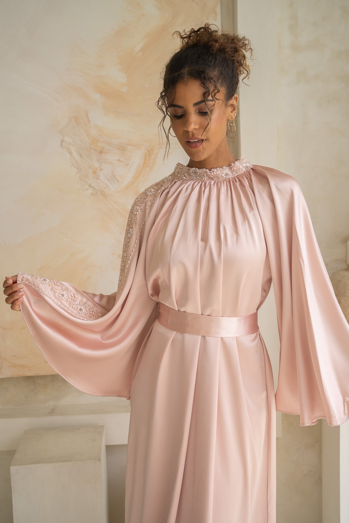Blush Pink Embellished Belted Satin Abaya