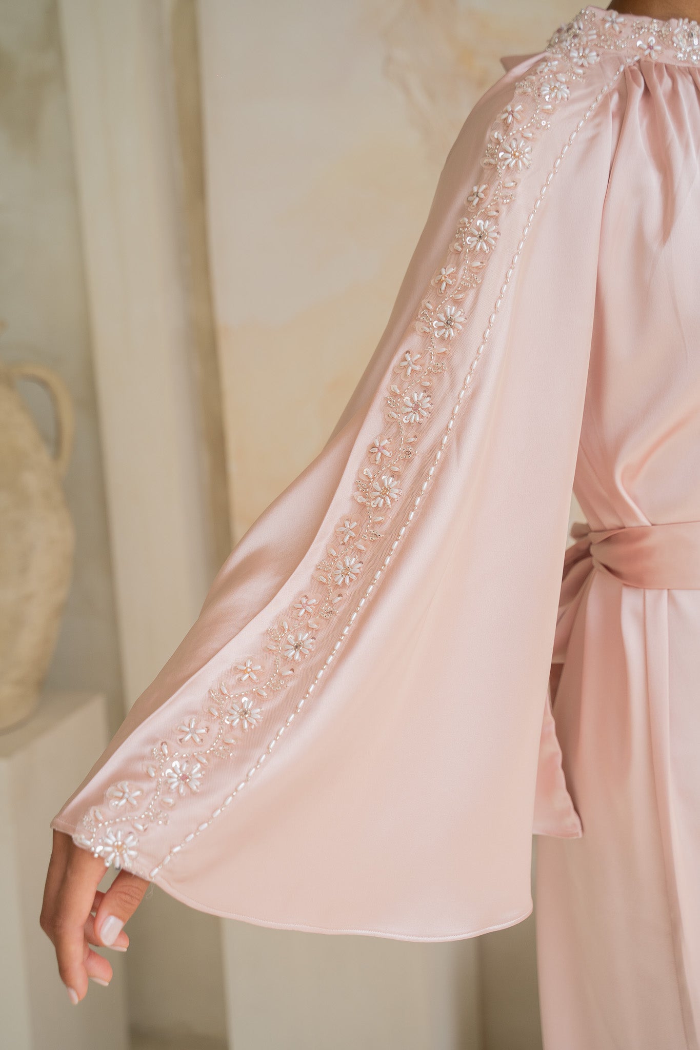 Blush Pink Embellished Belted Satin Abaya