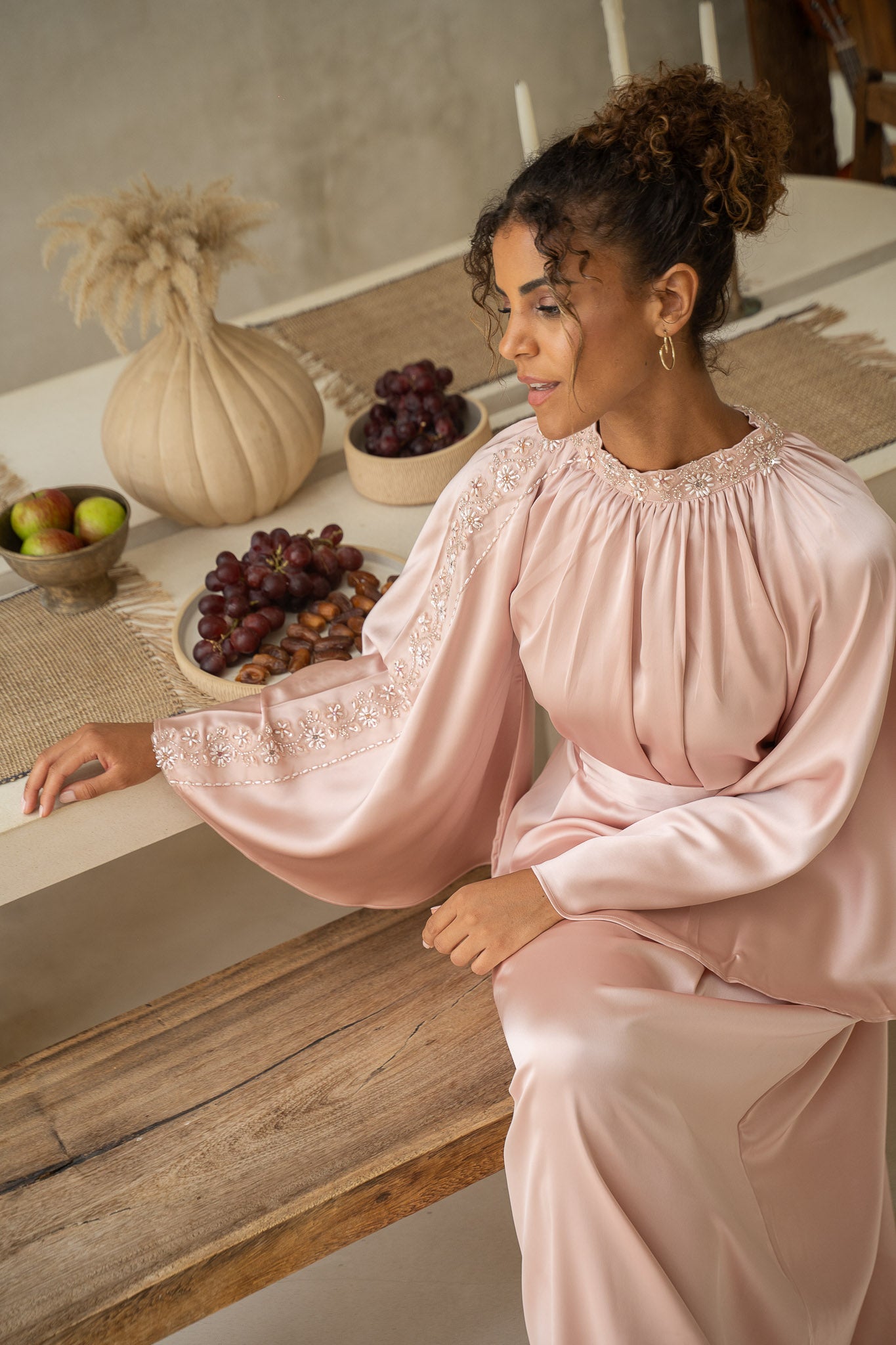 Blush Pink Embellished Belted Satin Abaya