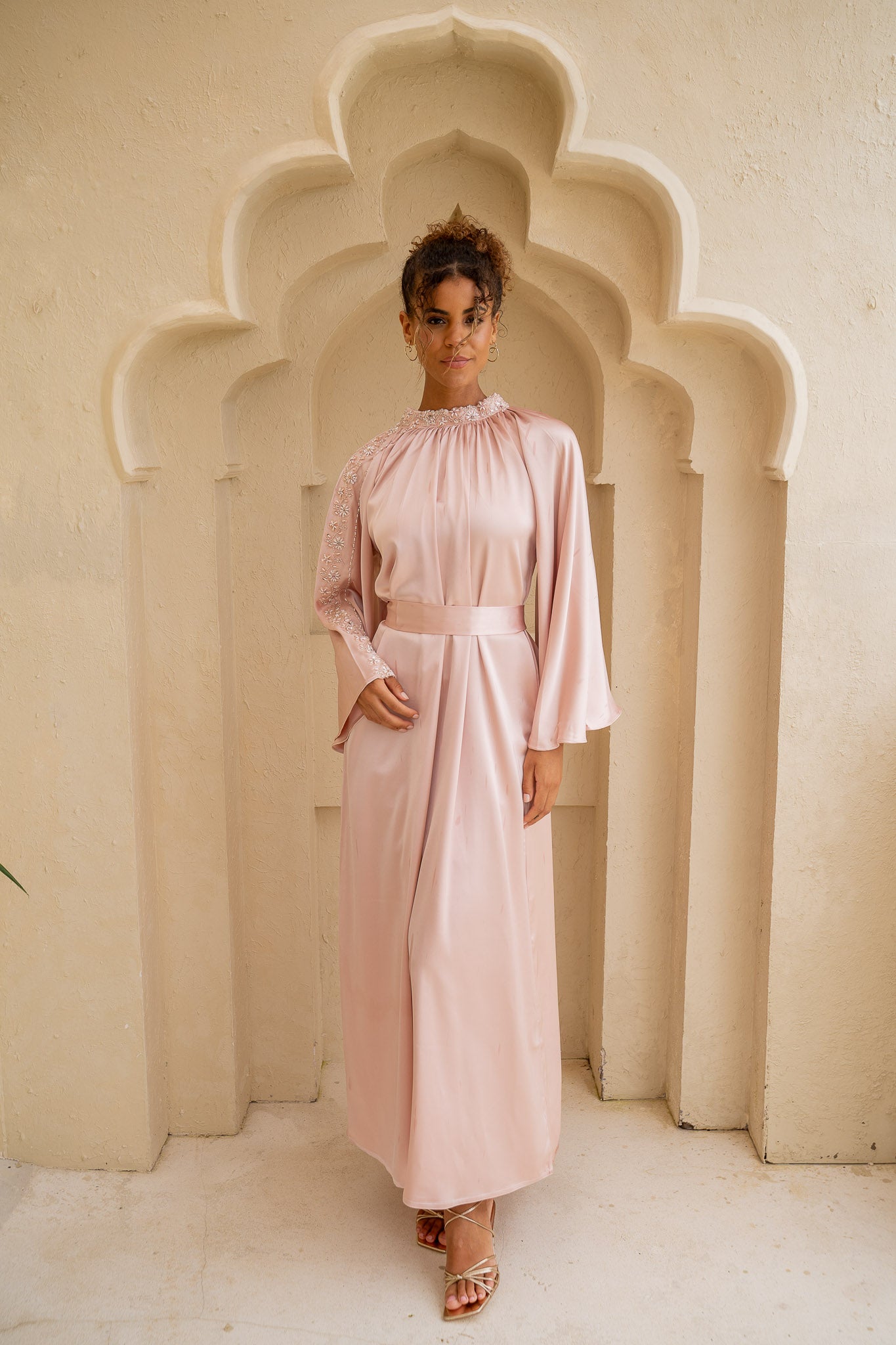 Blush Pink Embellished Belted Satin Abaya