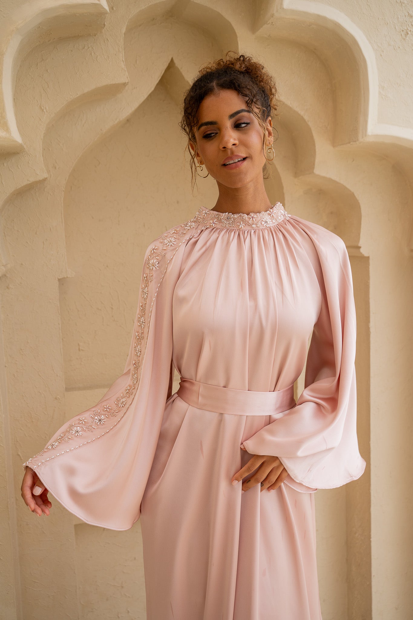 Blush Pink Embellished Belted Satin Abaya