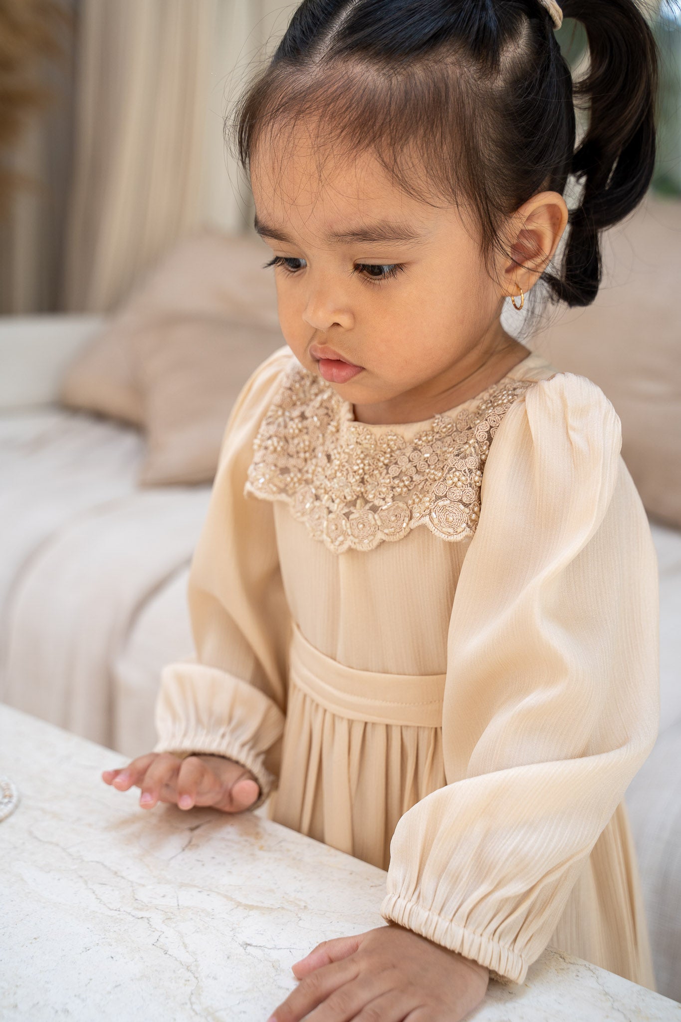 Cream Belted Embellished Baby Dress